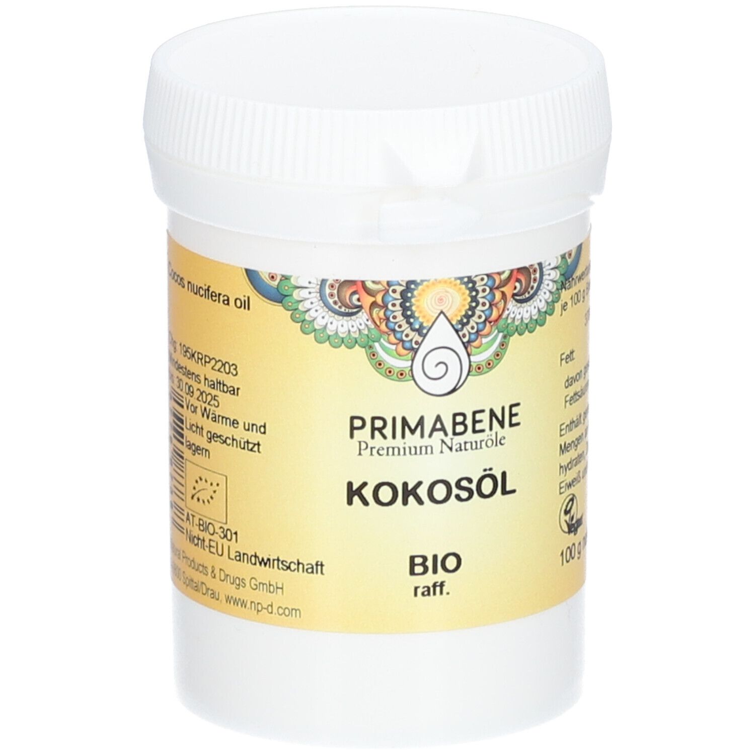 Weißer Tiegel mit Deckel. Aufkleber mit Produktinformationen: PRIMABENE Kokosöl BIO raffiniert, EU-Bio-Logo.
