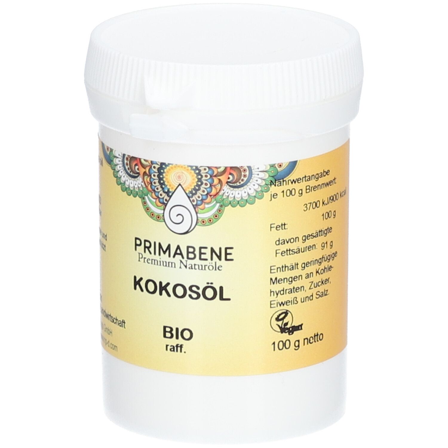 Weißer Tiegel mit Deckel. Aufkleber mit Produktinformationen: PRIMABENE Kokosöl BIO raffiniert, Nährwertangaben, Vegan-Logo.