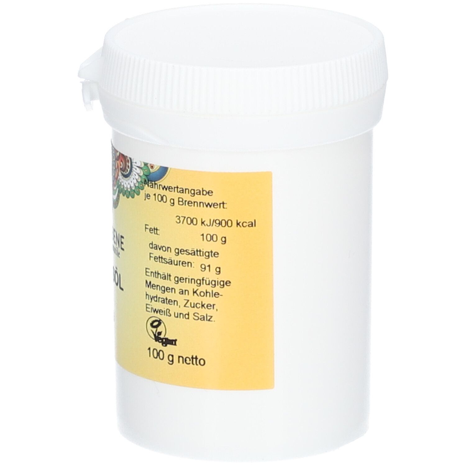 Weißer Tiegel mit Deckel. Aufkleber mit Produktinformationen, Nährwertangaben, Vegan-Logo und 100 g netto.