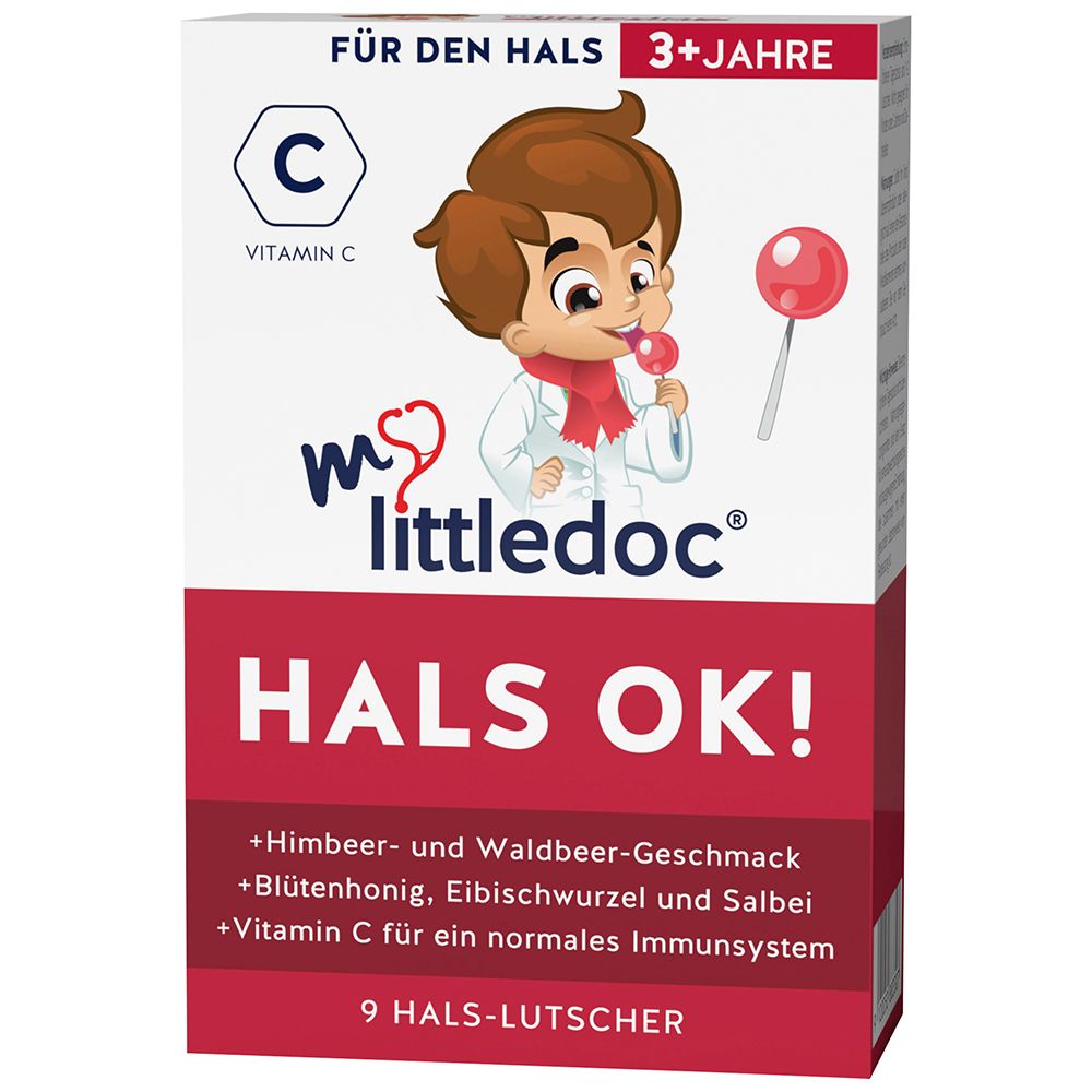 Verpackung mylittledoc® HALS OK! mit Kind-Illustration und Lutscher. Enthält Vitamin C. Für Kinder ab 3 Jahren.