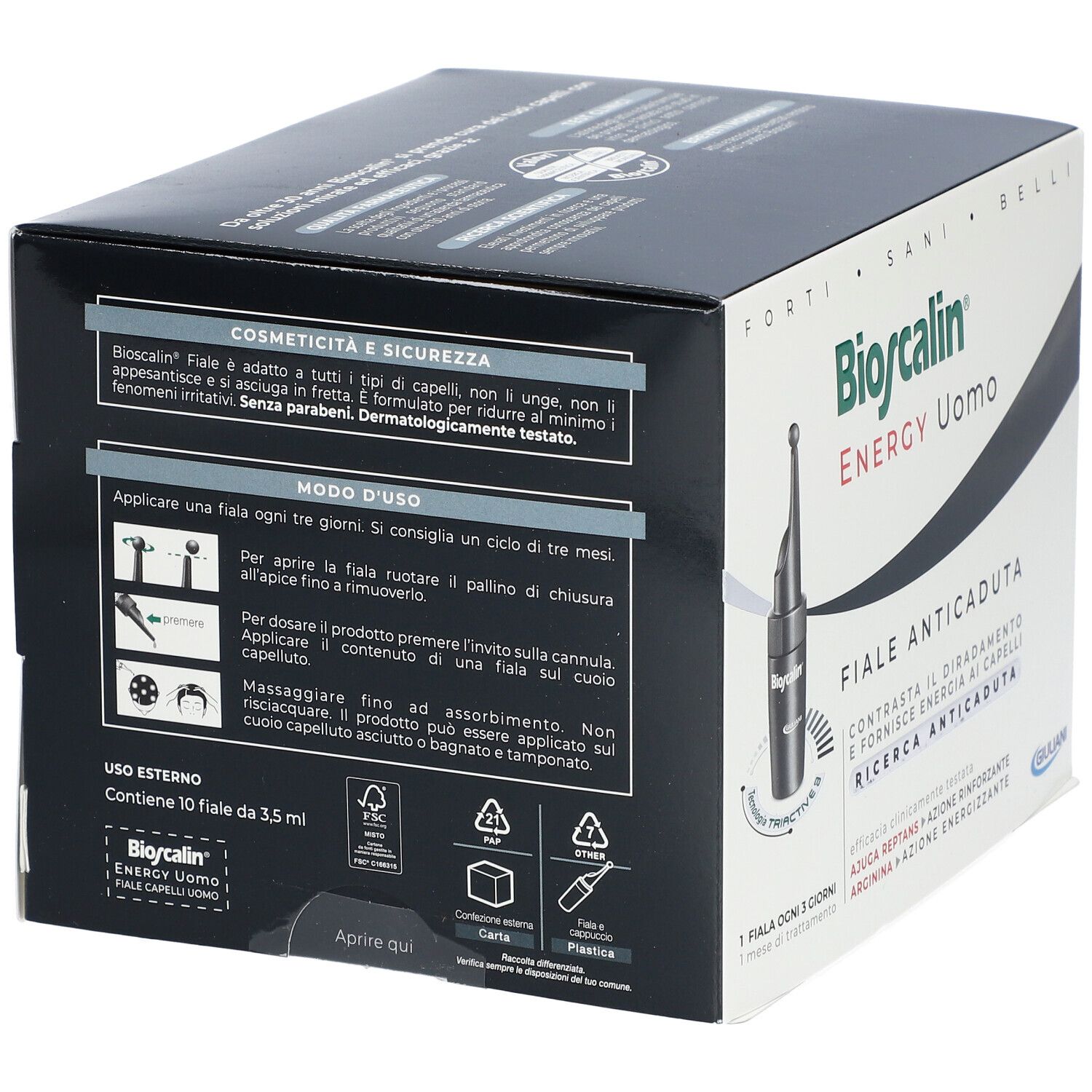 Bioscalin Energy Uomo-Packung. Schwarze Schachtel mit Produktabbildung und Text. Enthält 10 Ampullen. Giuliani-Logo.