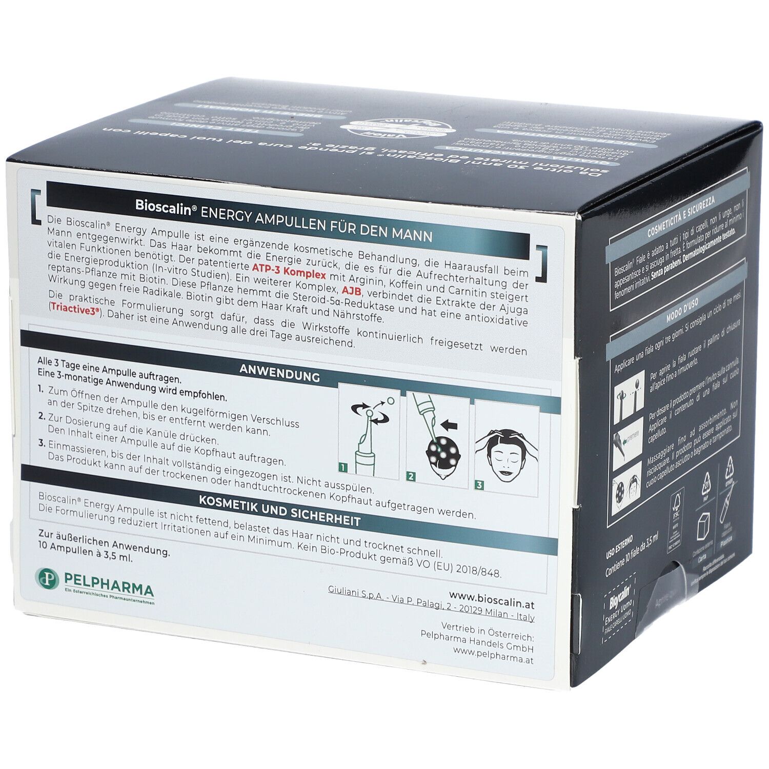 Rückseite der Bioscalin Energy Uomo-Packung. Schwarze Schachtel mit Text und Anwendungsanweisungen. Giuliani-Logo.