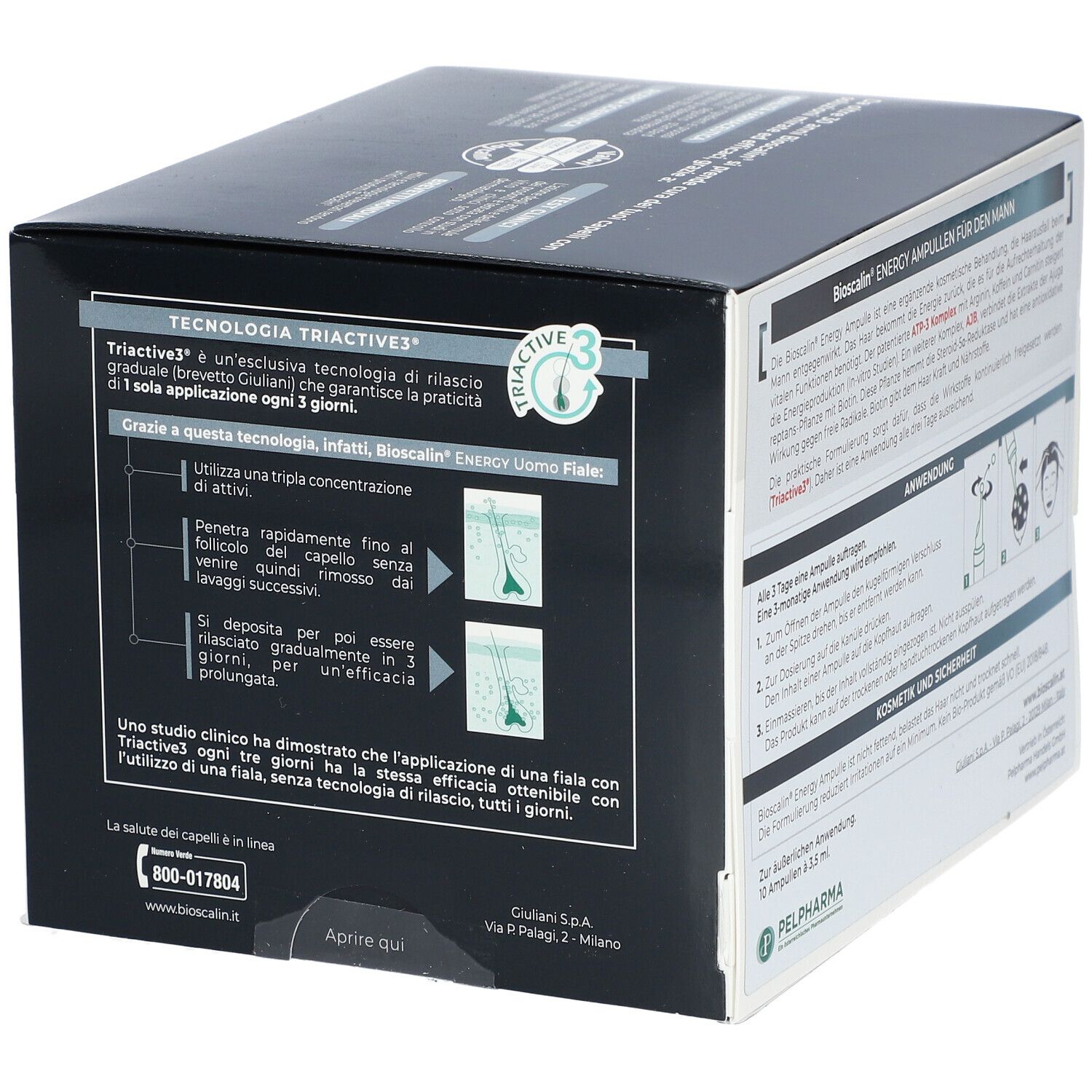 Rückseite der Bioscalin Energy Uomo-Packung. Schwarze Schachtel mit Text und Anwendungsanweisungen. Giuliani-Logo.