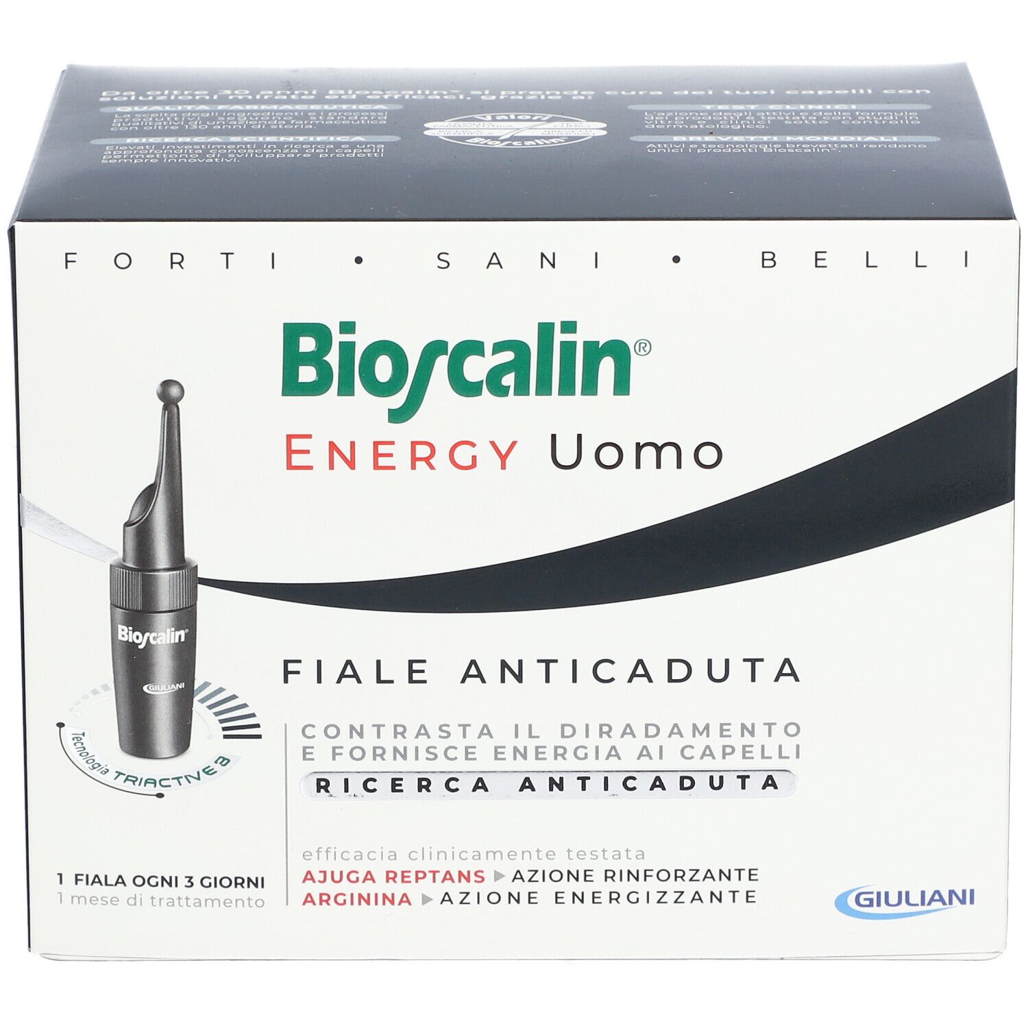 Bioscalin Energy Uomo-Packung. Weiße und schwarze Schachtel mit Produktabbildung und Text. Giuliani-Logo.