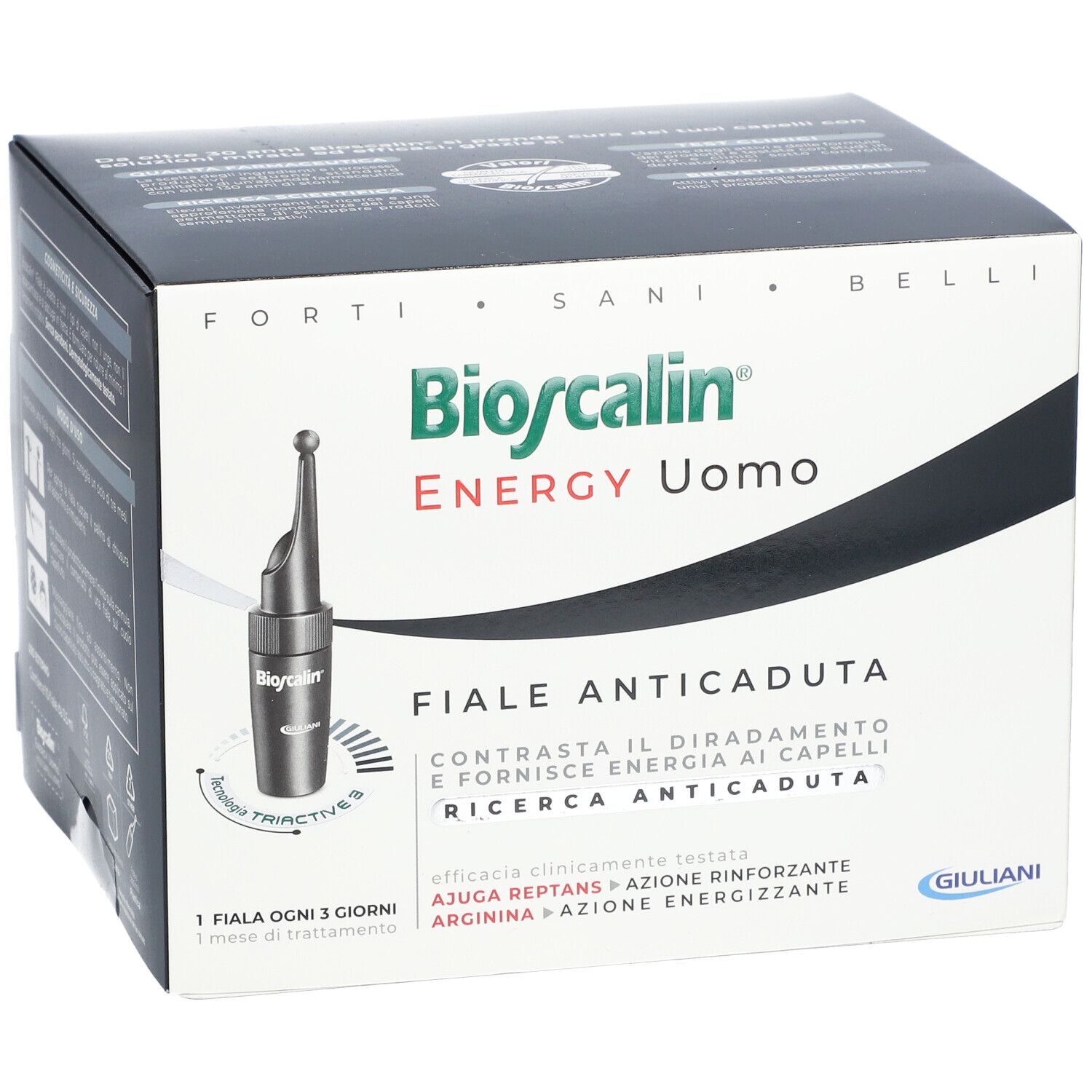 Bioscalin Energy Uomo-Packung. Weiße und schwarze Schachtel mit Produktabbildung und Text. Giuliani-Logo.