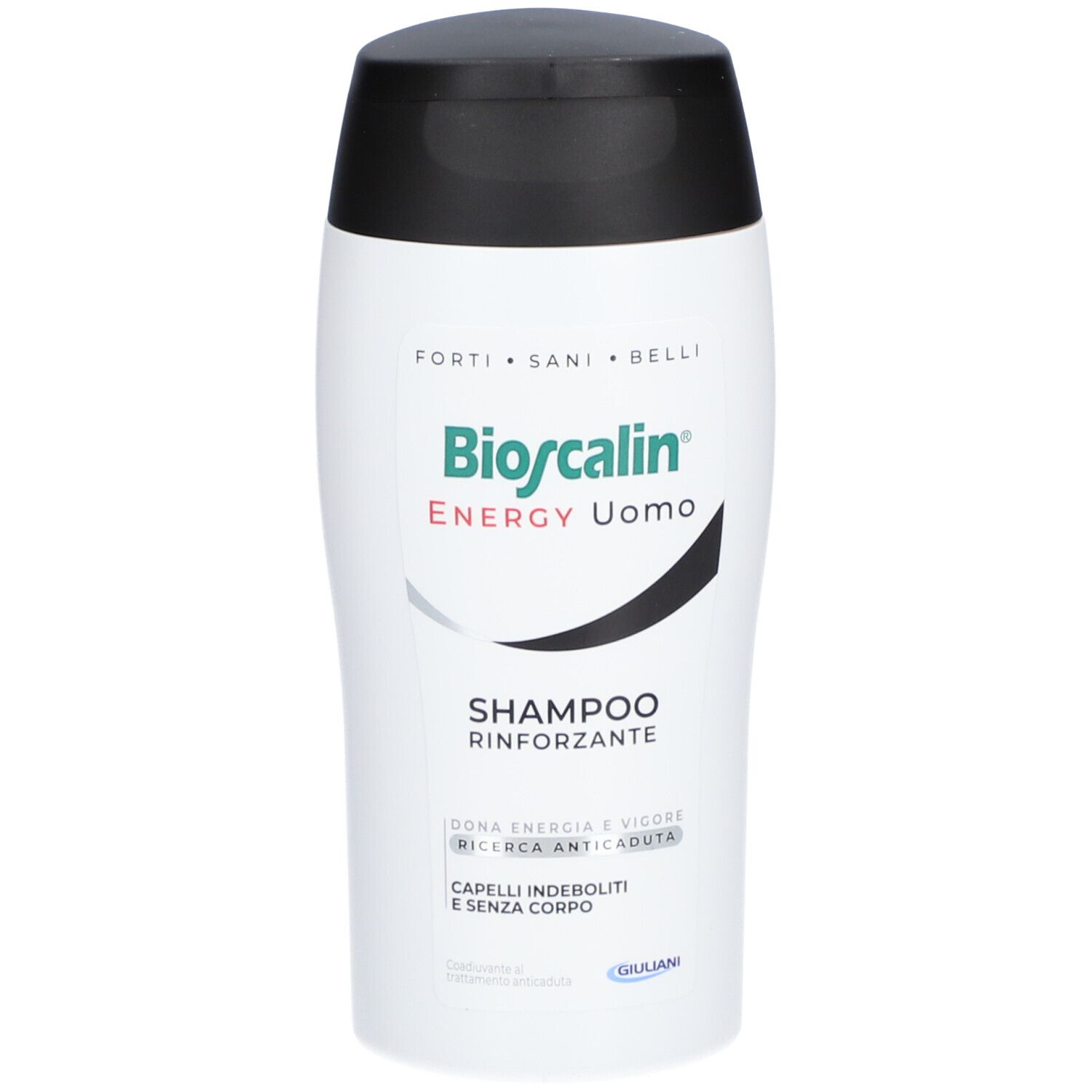Bioscalin Energy Uomo Shampoo-Flasche. Weiß, schwarzer Deckel. Text: Shampoo Rinforzante.