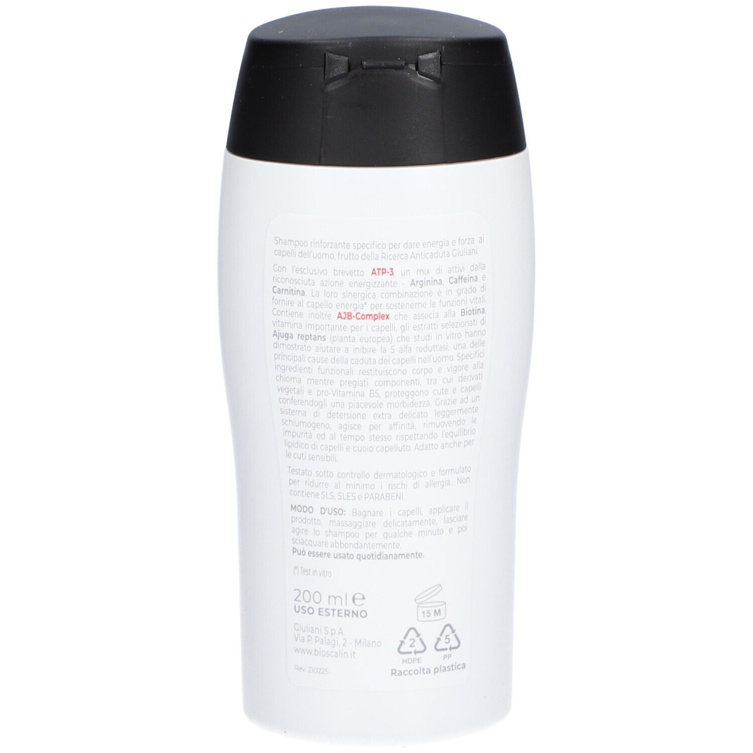 Rückseite der Bioscalin Energy Uomo Shampoo-Flasche. Text und Informationen zum Produkt.