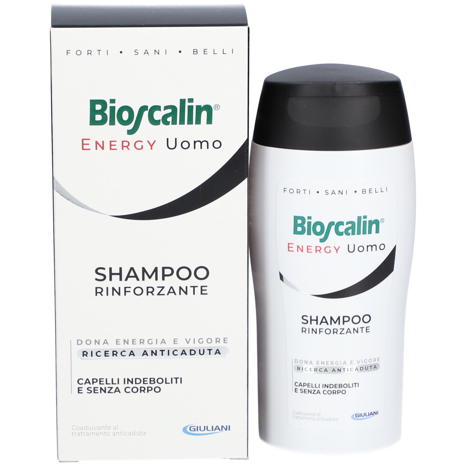 Bioscalin Energy Uomo Shampoo-Flasche und -Verpackung. Weiß, schwarz. Text: Shampoo Rinforzante.
