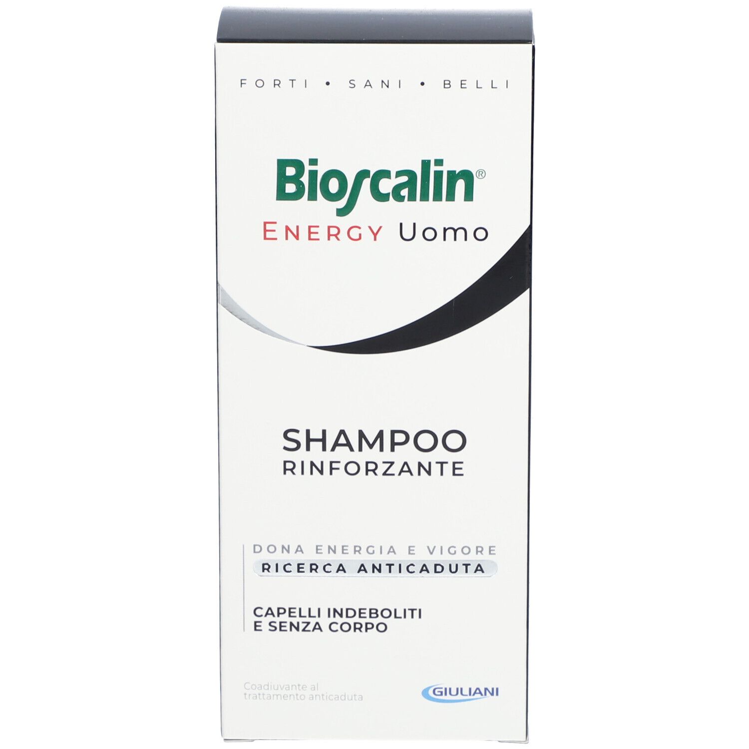 Verpackung von Bioscalin Energy Uomo Shampoo. Weiß, schwarz. Text: Shampoo Rinforzante.
