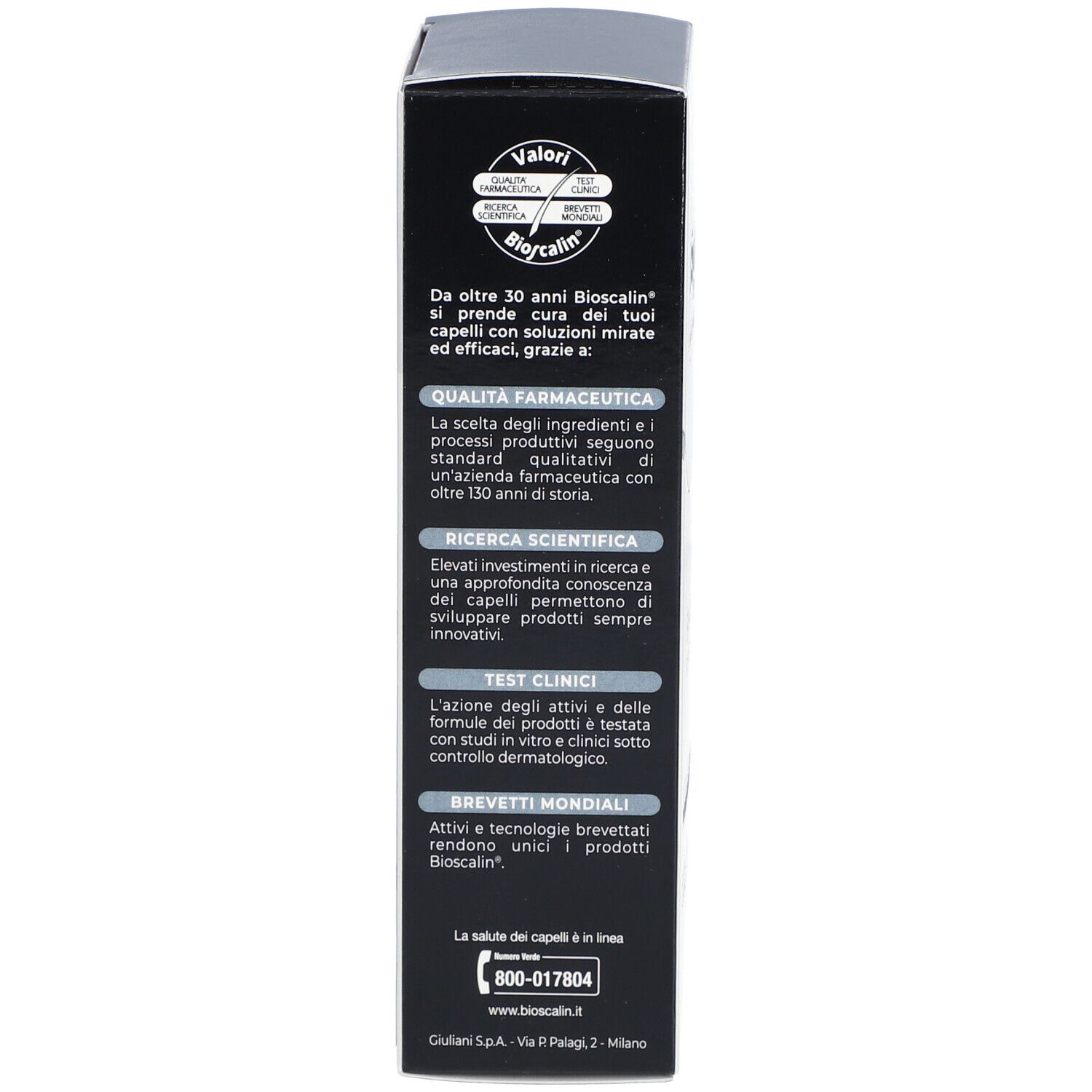 Schwarze Verpackung von Bioscalin. Text und Logos auf der Seite. Qualitätszeichen.