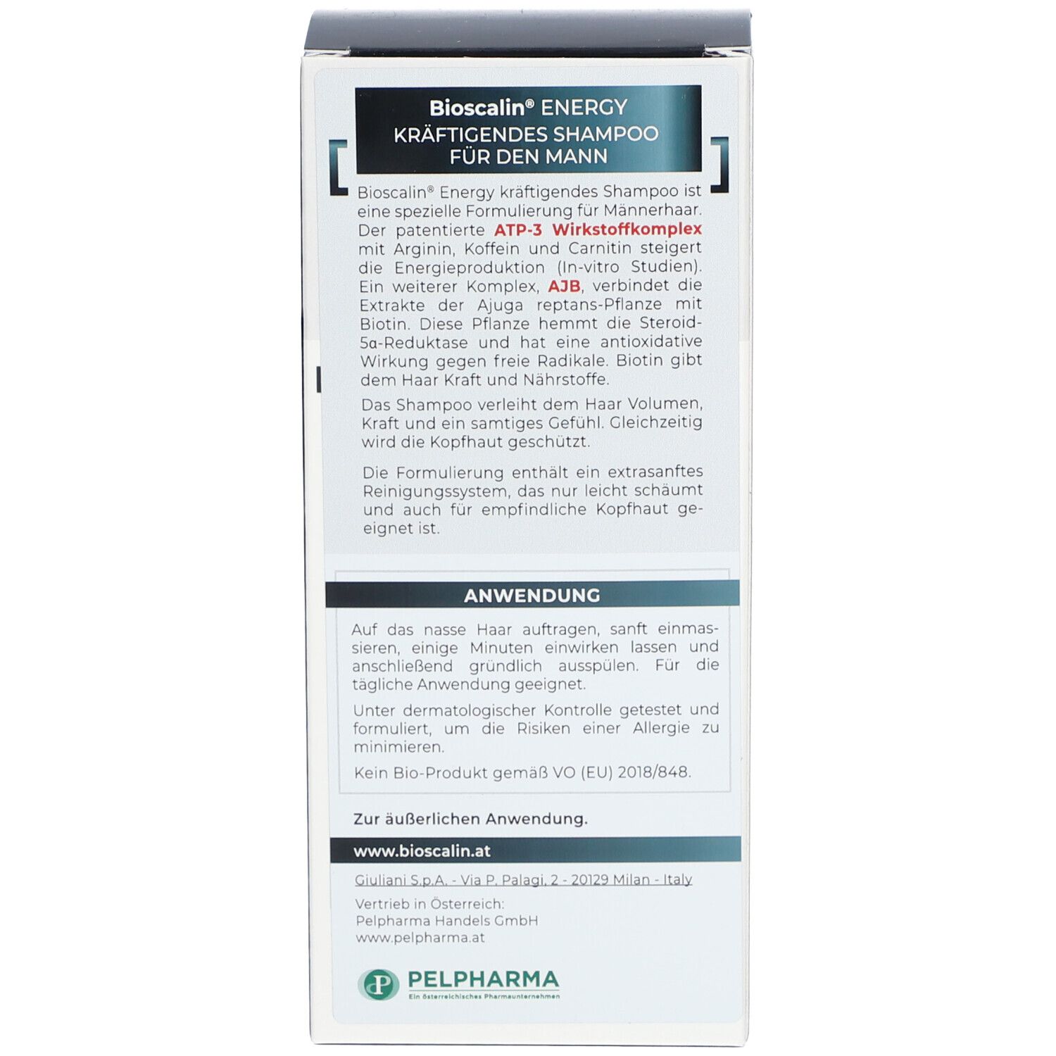 Seite der Verpackung von Bioscalin Energy. Text: Kräftigendes Shampoo für den Mann. Anwendung.