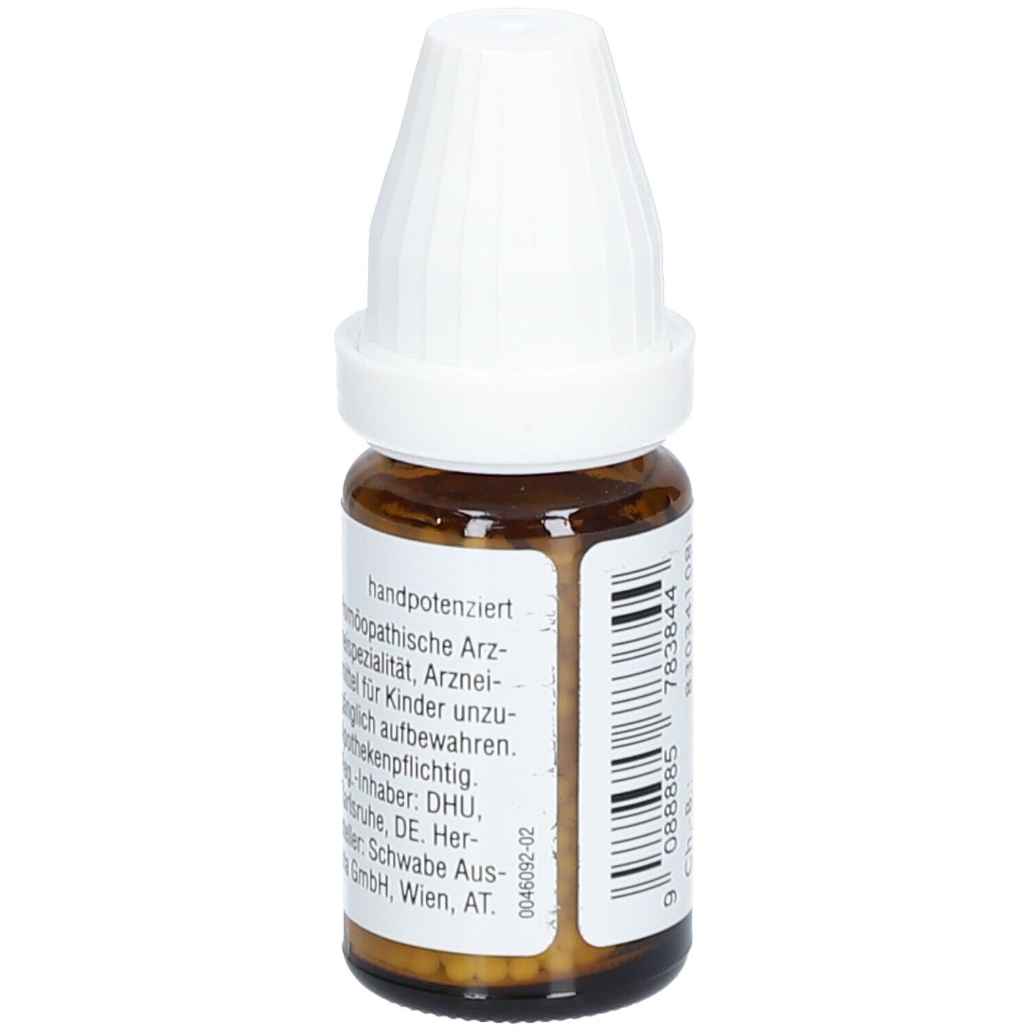 Braune Glasflasche mit weißem Deckel. Aufschrift: handpotenziert, homöopathische Arzneispezialität, für Kinder unzugänglich aufbewahren.