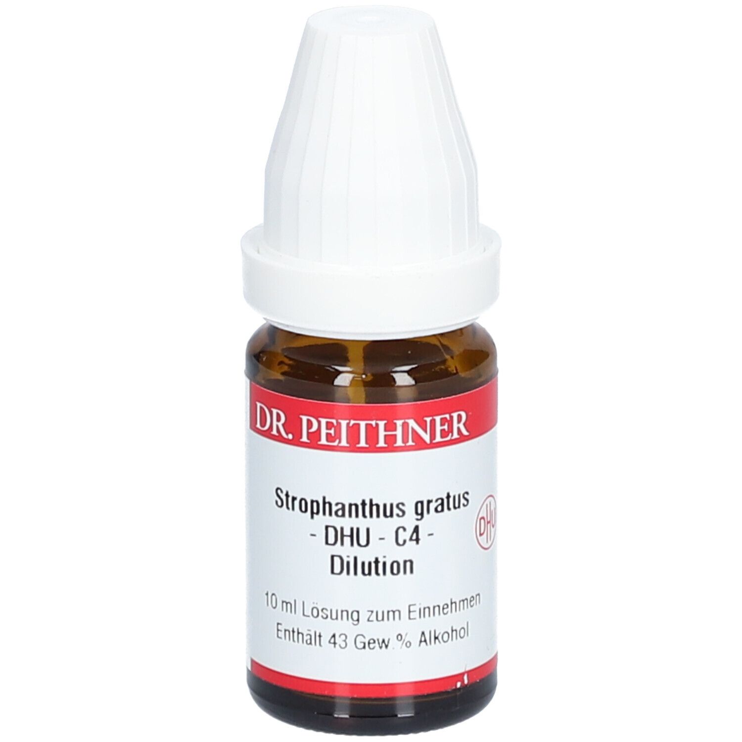 Braune Glasflasche mit weißem Verschluss. Etikett mit Produktinformationen: DR. PEITHNER, Strophanthus gratus, DHU - C4 - Dilution.