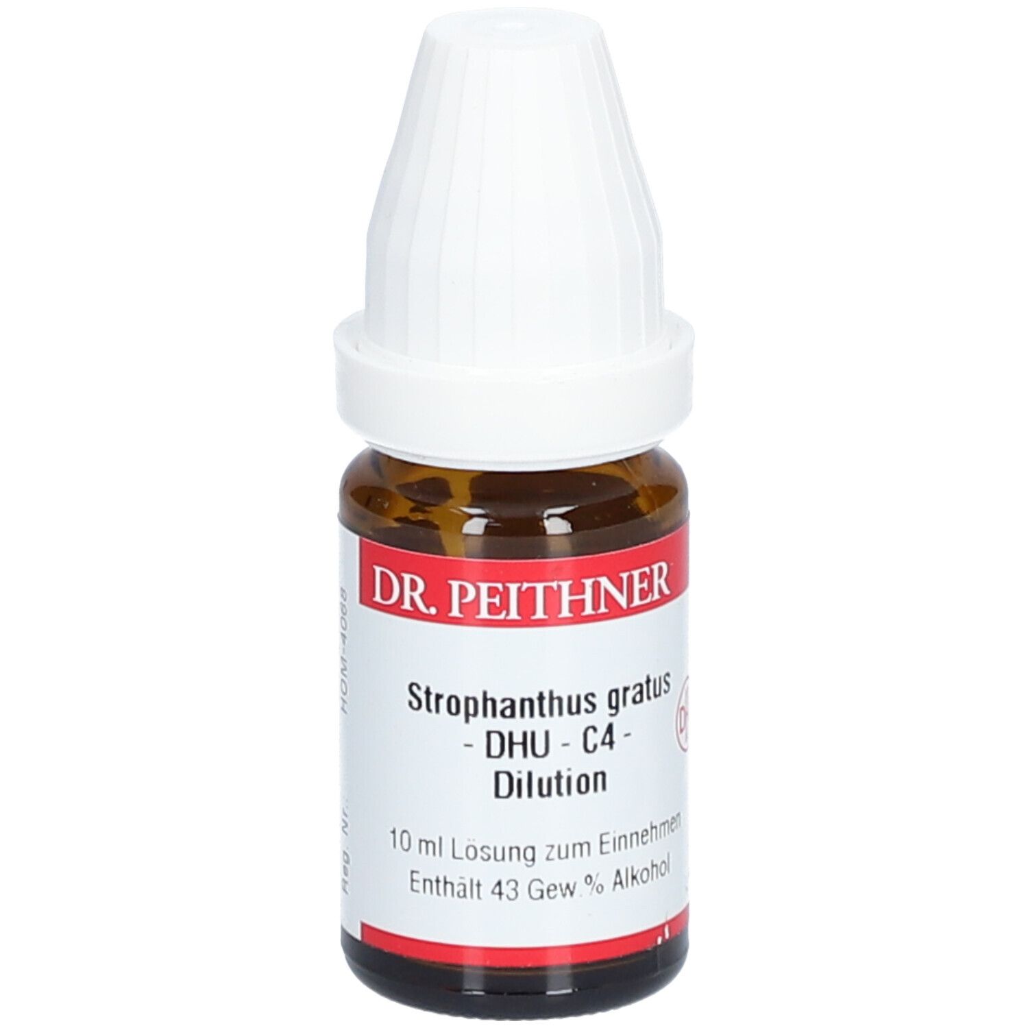 Braune Glasflasche mit weißem Verschluss. Etikett mit Produktinformationen: DR. PEITHNER, Strophanthus gratus, DHU - C4 - Dilution.