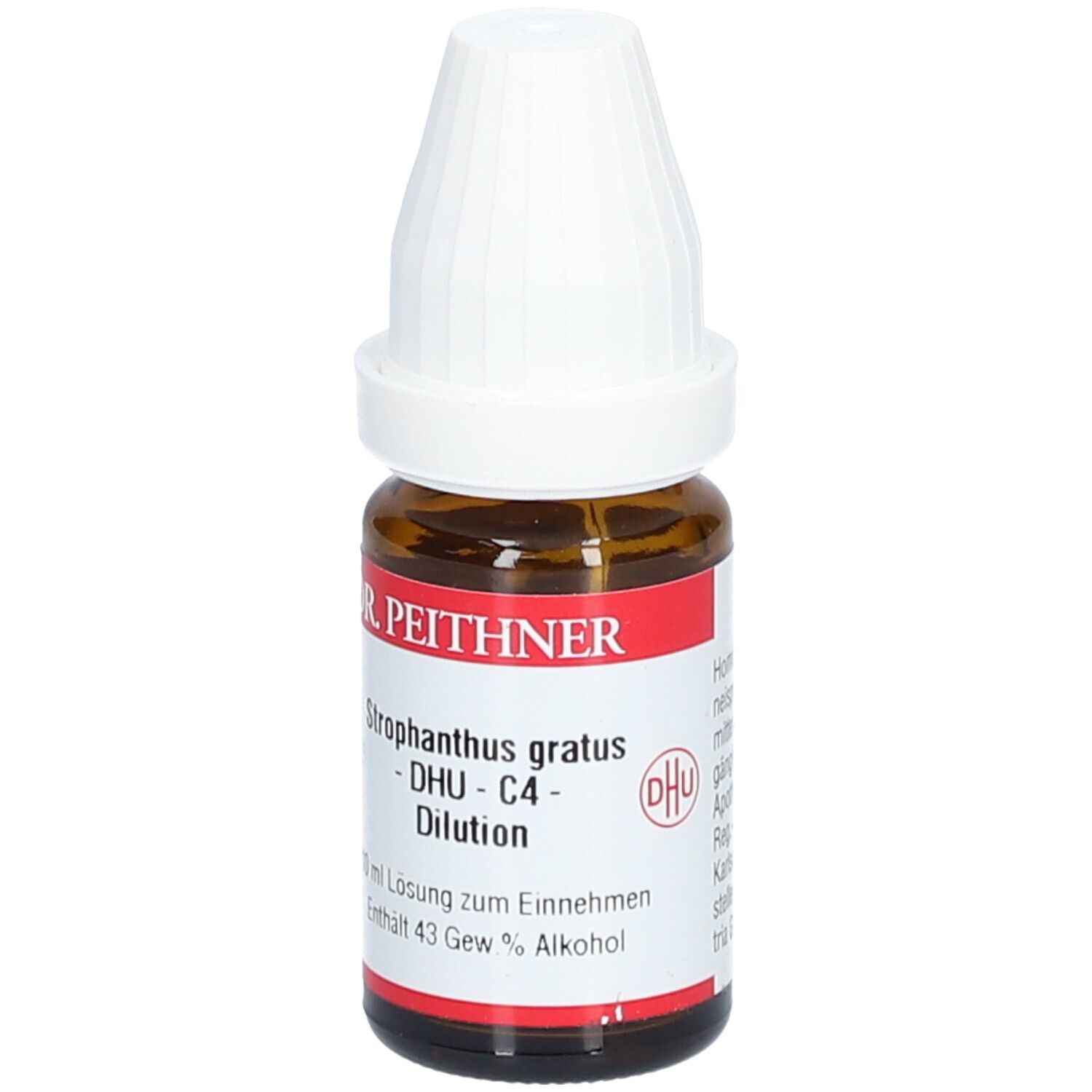 Braune Glasflasche mit weißem Verschluss. Etikett mit Produktinformationen: DR. PEITHNER, Strophanthus gratus, DHU - C4 - Dilution.