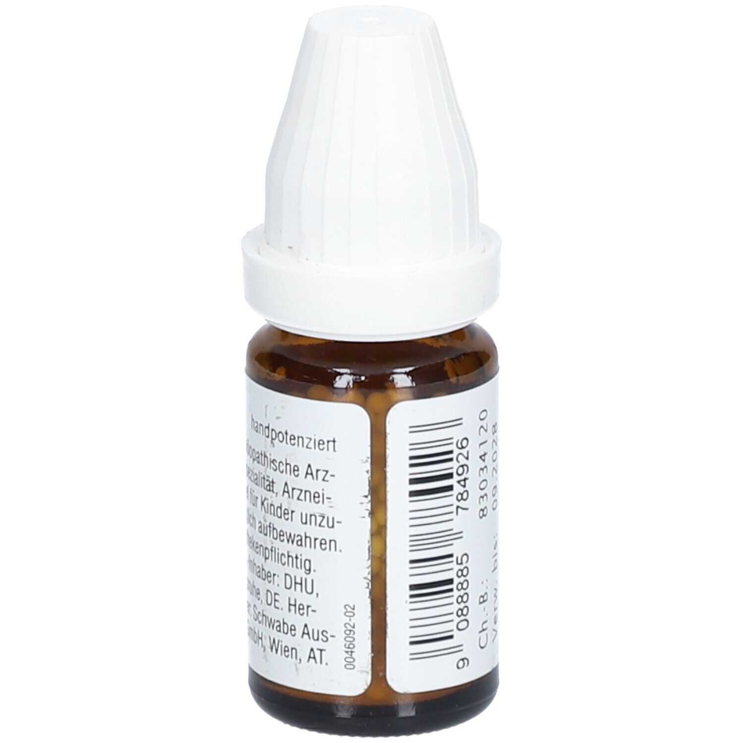 Braune Glasflasche mit weißem Deckel. Etikett mit Text: homöopathische Arznei, Apothekenpflichtig, DHU, Reg.Nr., Ch.-B.