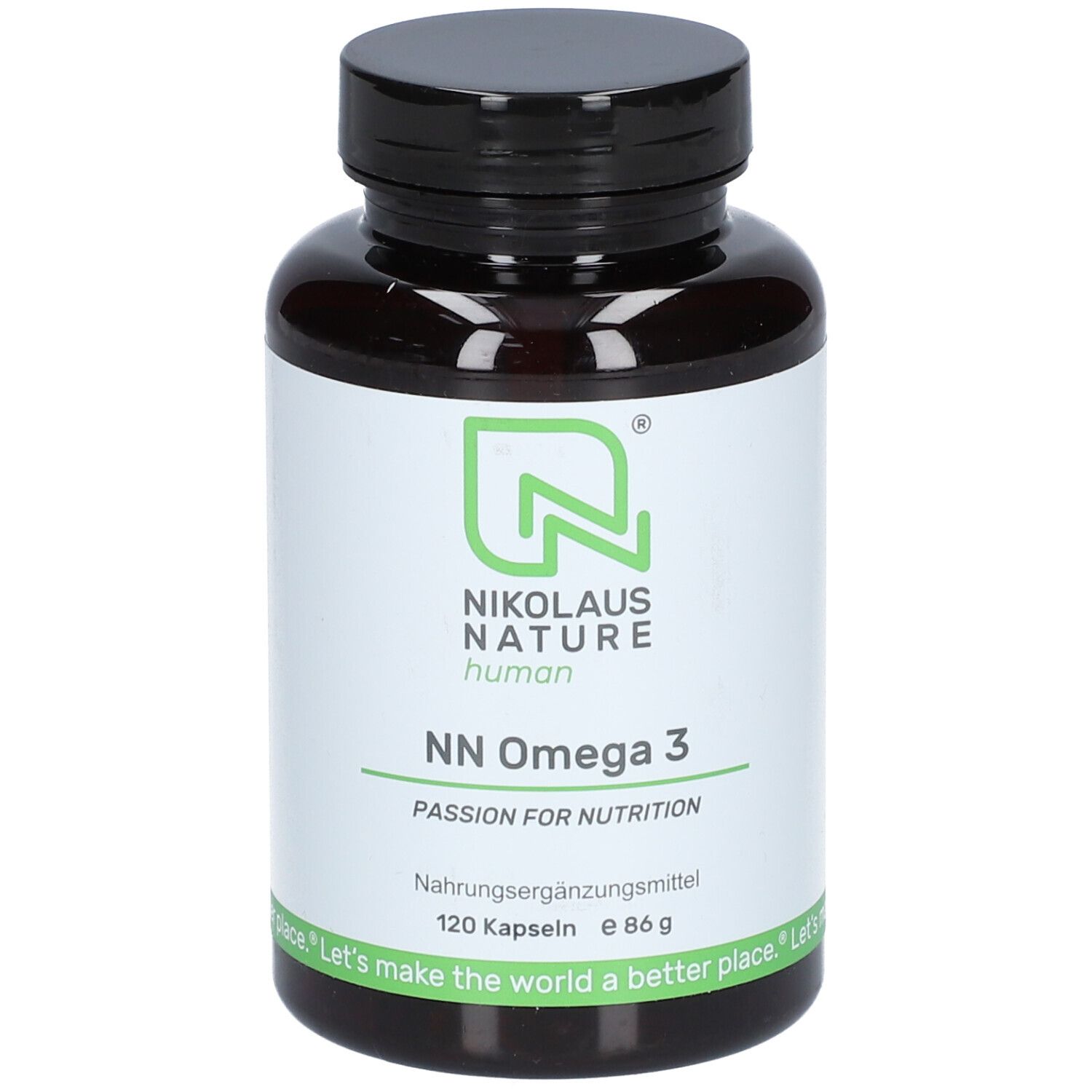 Braune Flasche mit schwarzem Deckel. Aufschrift: NN Omega 3, 120 Kapseln. Marke: Nikolaus Nature human.