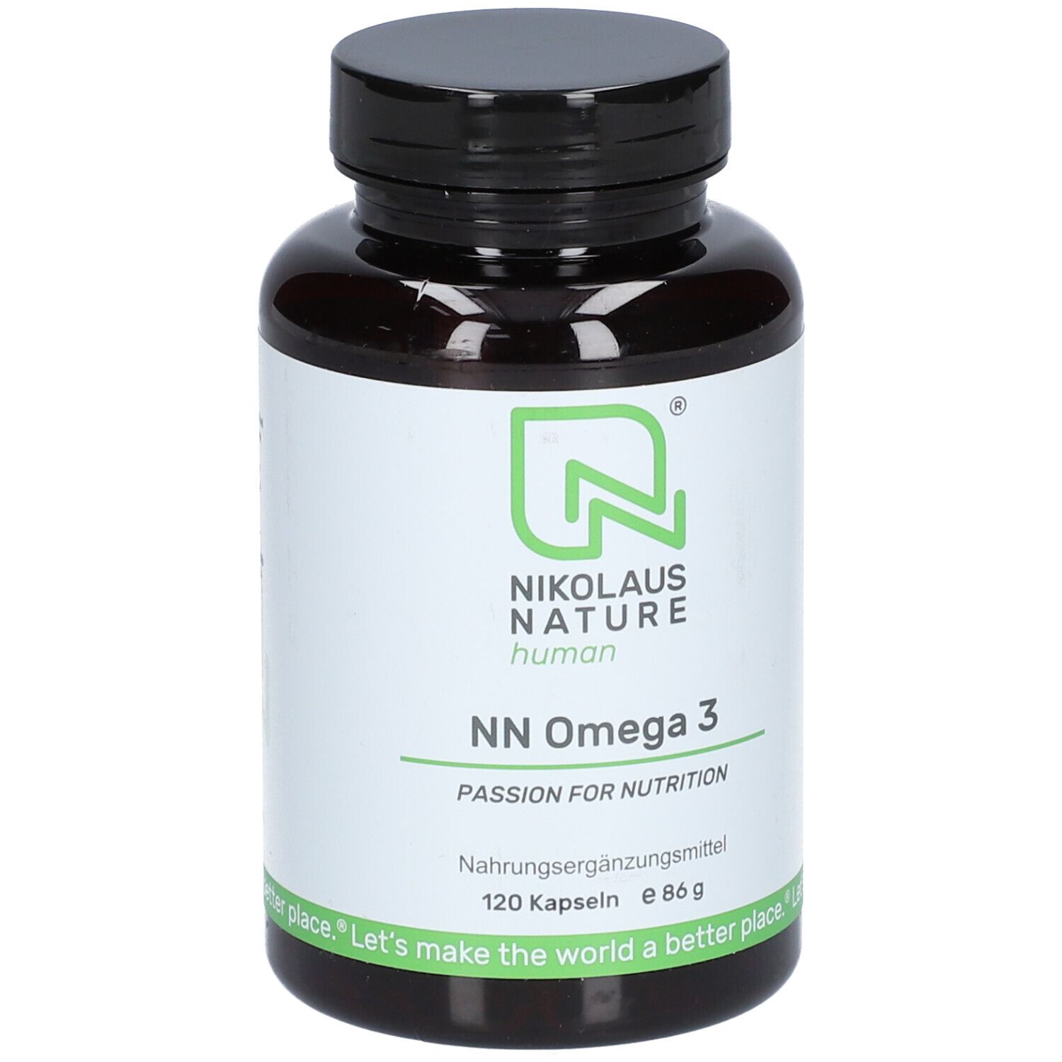 Braune Flasche mit schwarzem Deckel. Aufschrift: NN Omega 3, 120 Kapseln. Marke: Nikolaus Nature human.