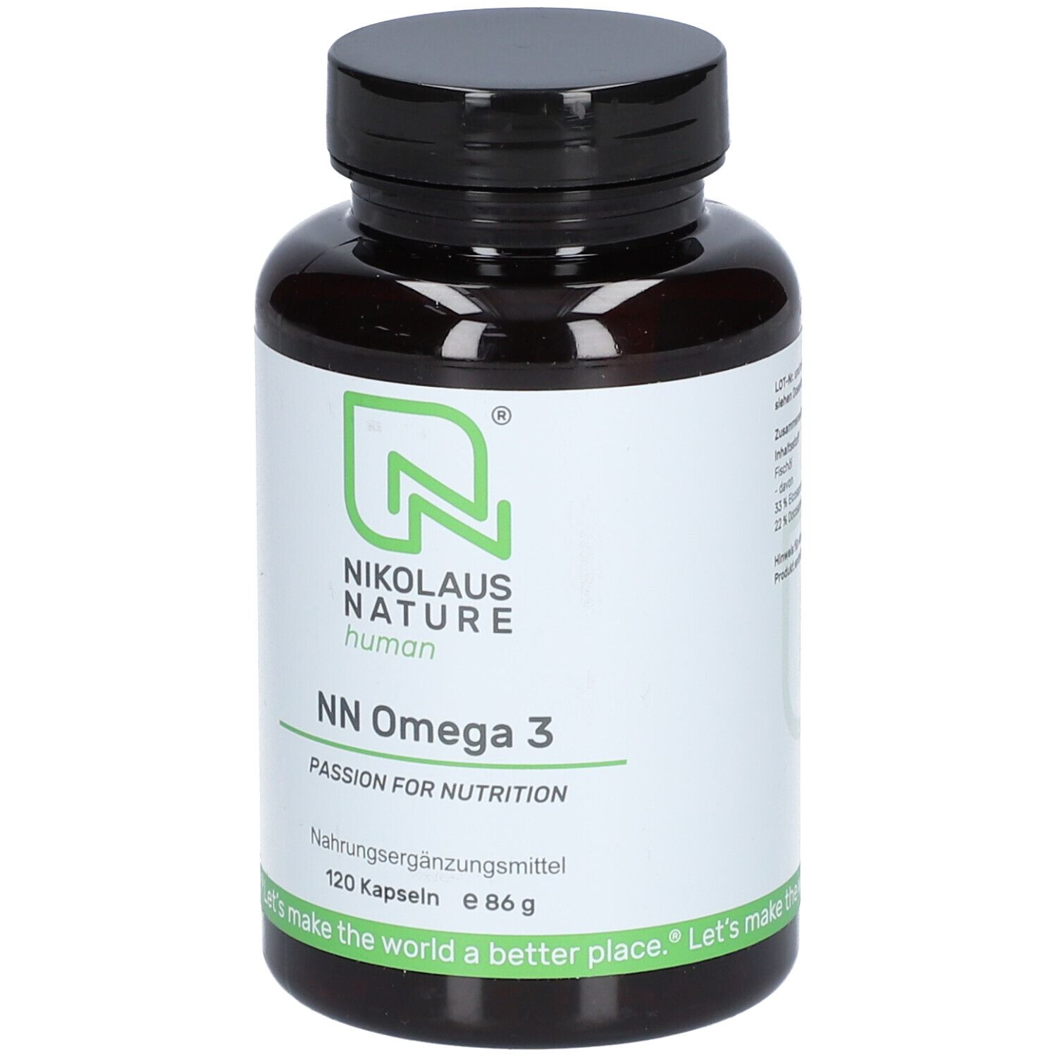 Braune Flasche mit schwarzem Deckel. Aufschrift: NN Omega 3, 120 Kapseln. Marke: Nikolaus Nature human.