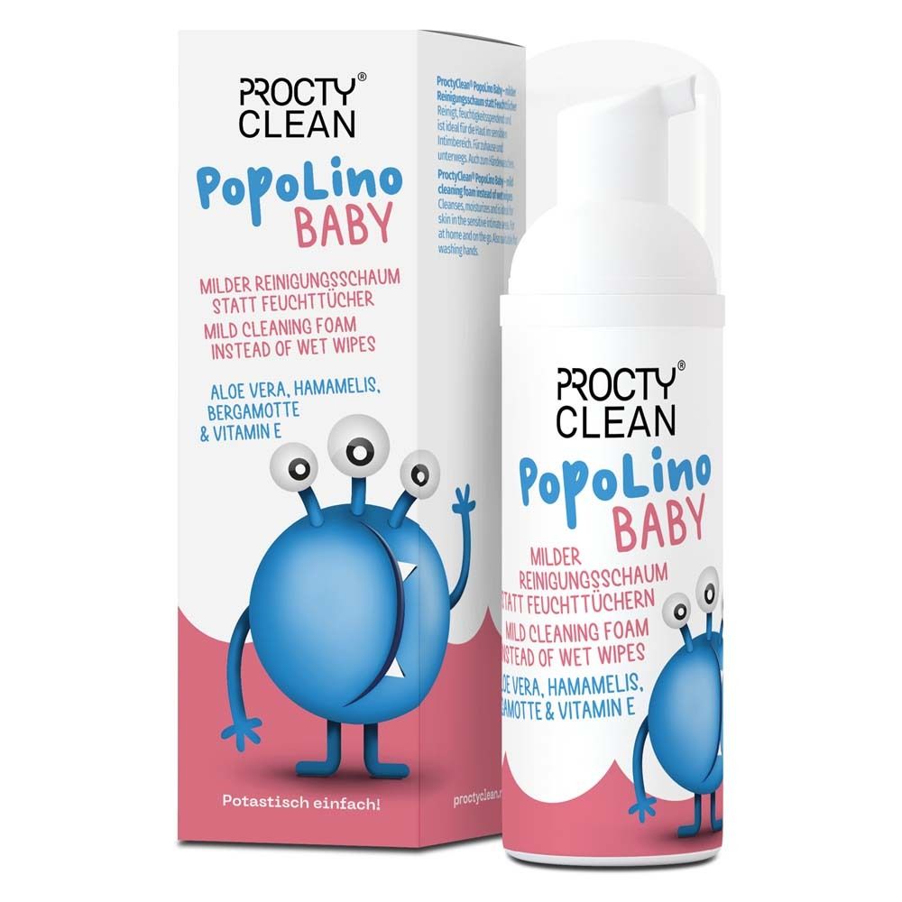 ProctyClean PopoLino Baby. Weiße Flasche mit Pumpkopf und Etikett. Box mit Produkt und Monster-Illustration.