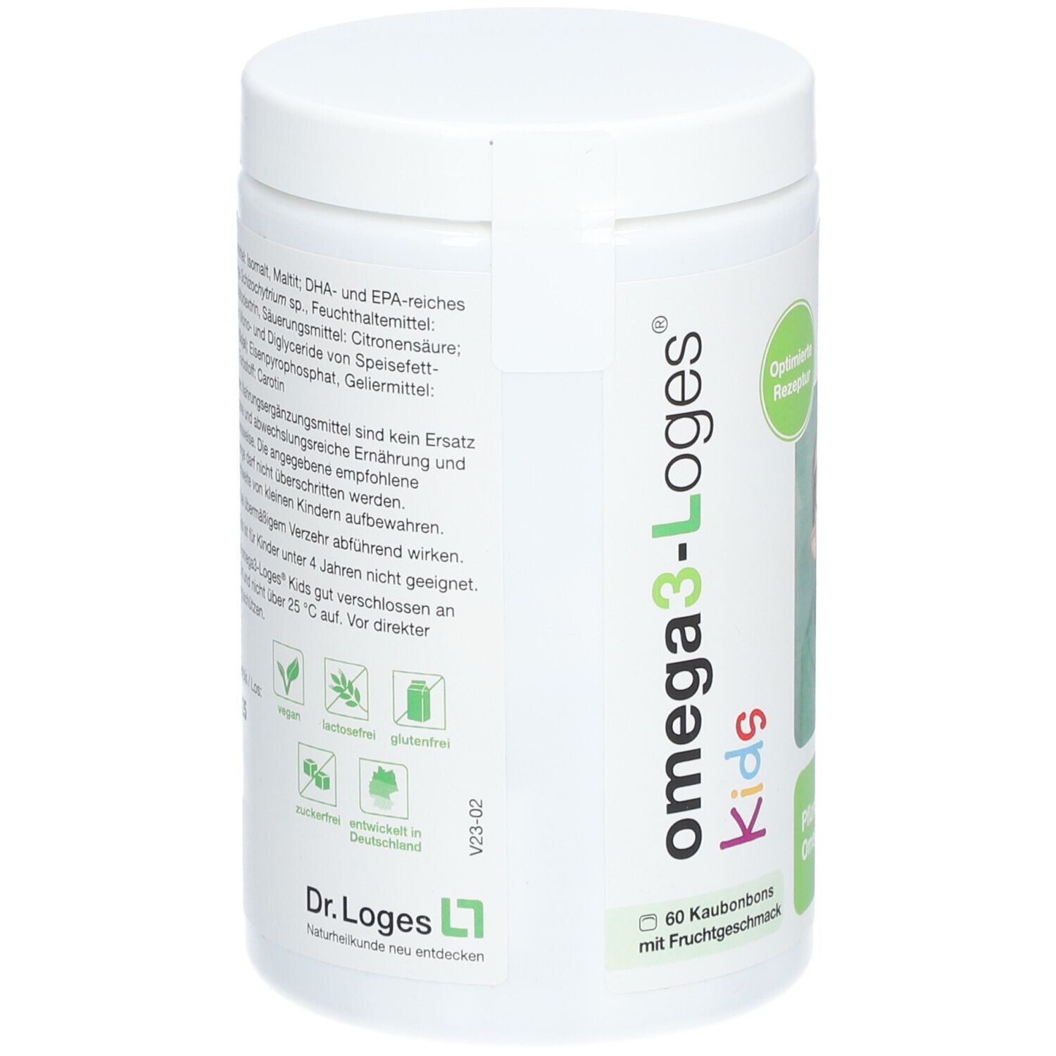 Weiße Dose mit omega3-Loges Kids Aufschrift. Rückseite mit Informationen. Vegan, glutenfrei, hergestellt in Deutschland. 60 Kautabletten.
