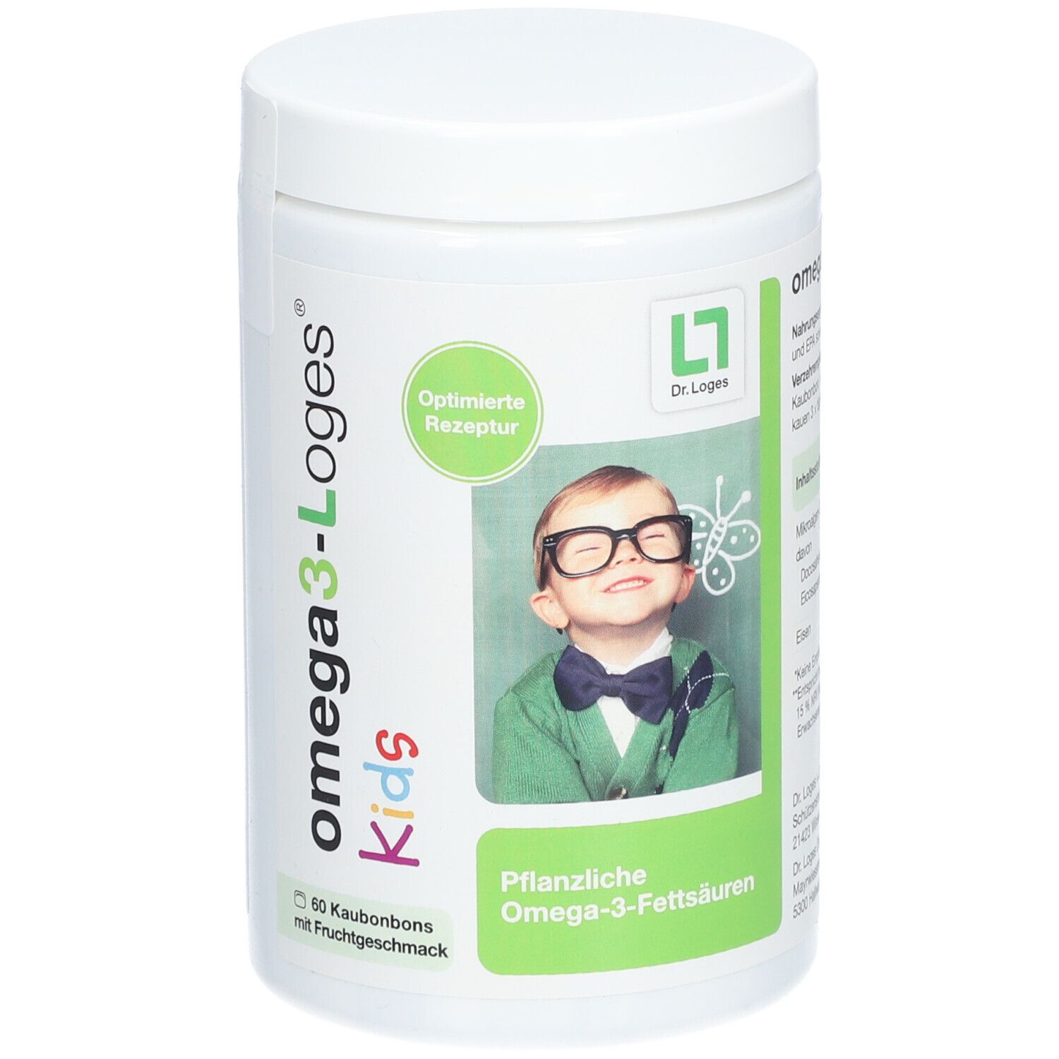 Weiße Dose mit omega3-Loges Kids Aufschrift. Aufkleber mit Kind und Brille. Optimierte Rezeptur. 60 Kautabletten mit Fruchtgeschmack.