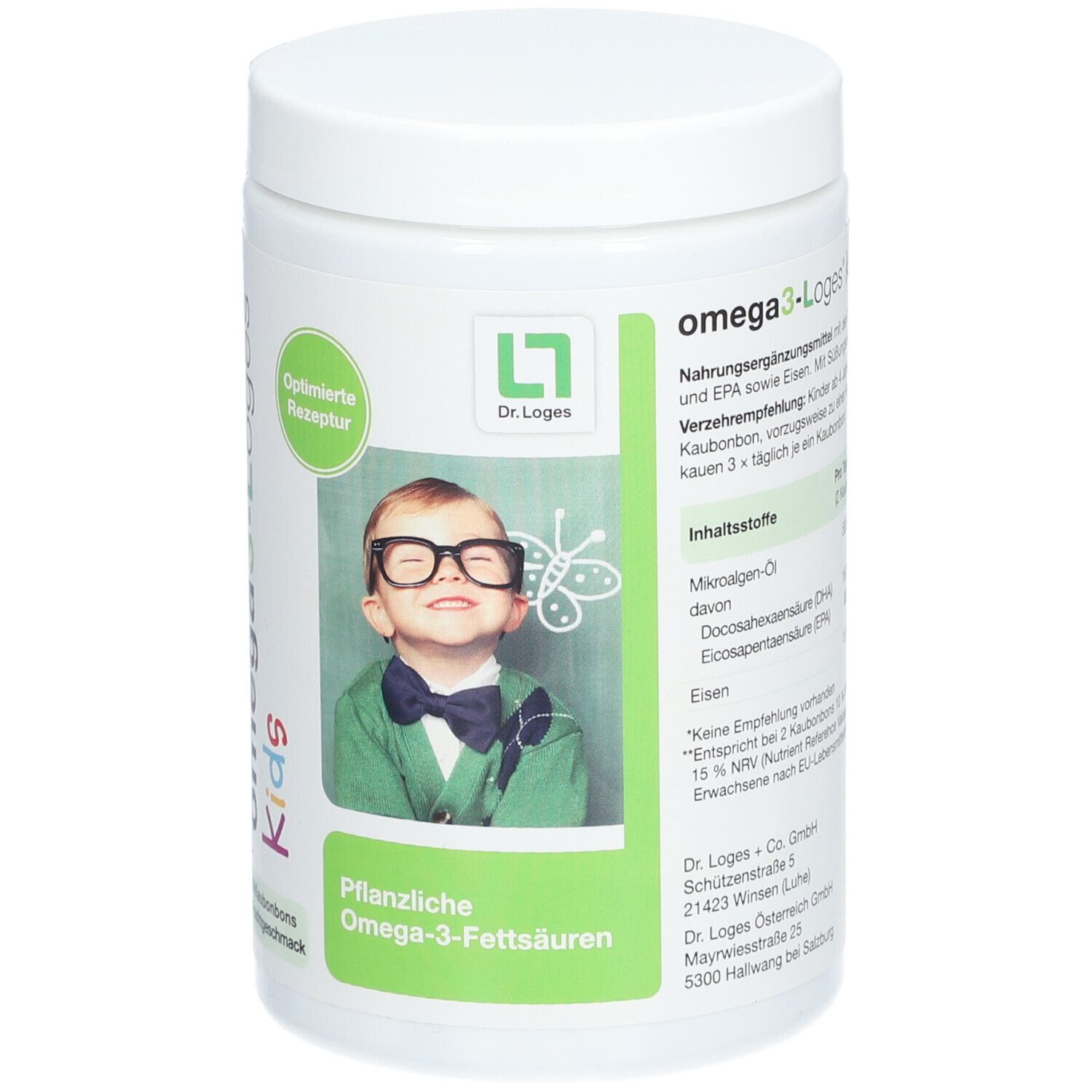 Weiße Dose mit omega3-Loges Kids Aufschrift. Aufkleber mit Kind und Brille. Optimierte Rezeptur. 60 Kautabletten mit Fruchtgeschmack.