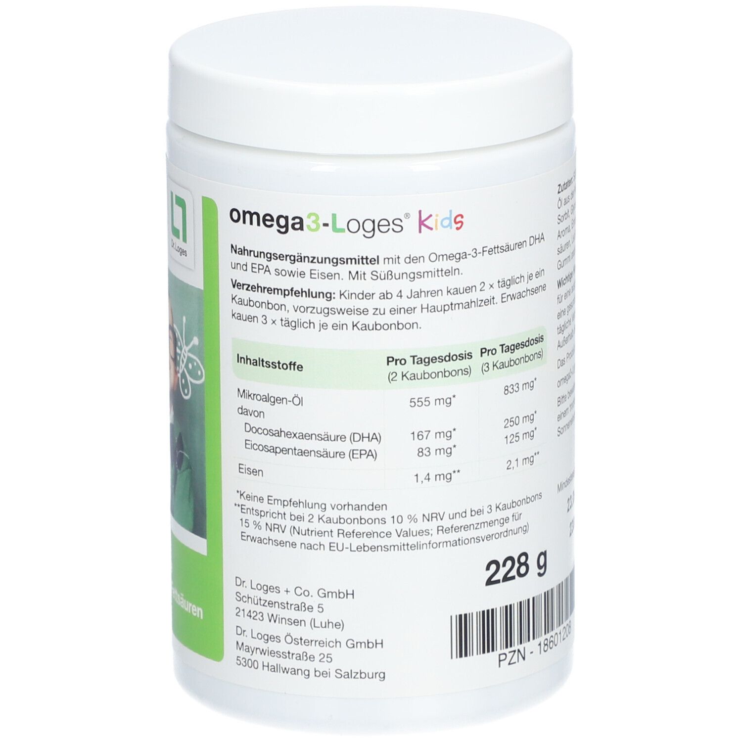 Weiße Dose mit omega3-Loges Kids Aufschrift. Nährwertangaben und Inhaltsstoffe. 228g. 60 Kautabletten. Enthält DHA und EPA.