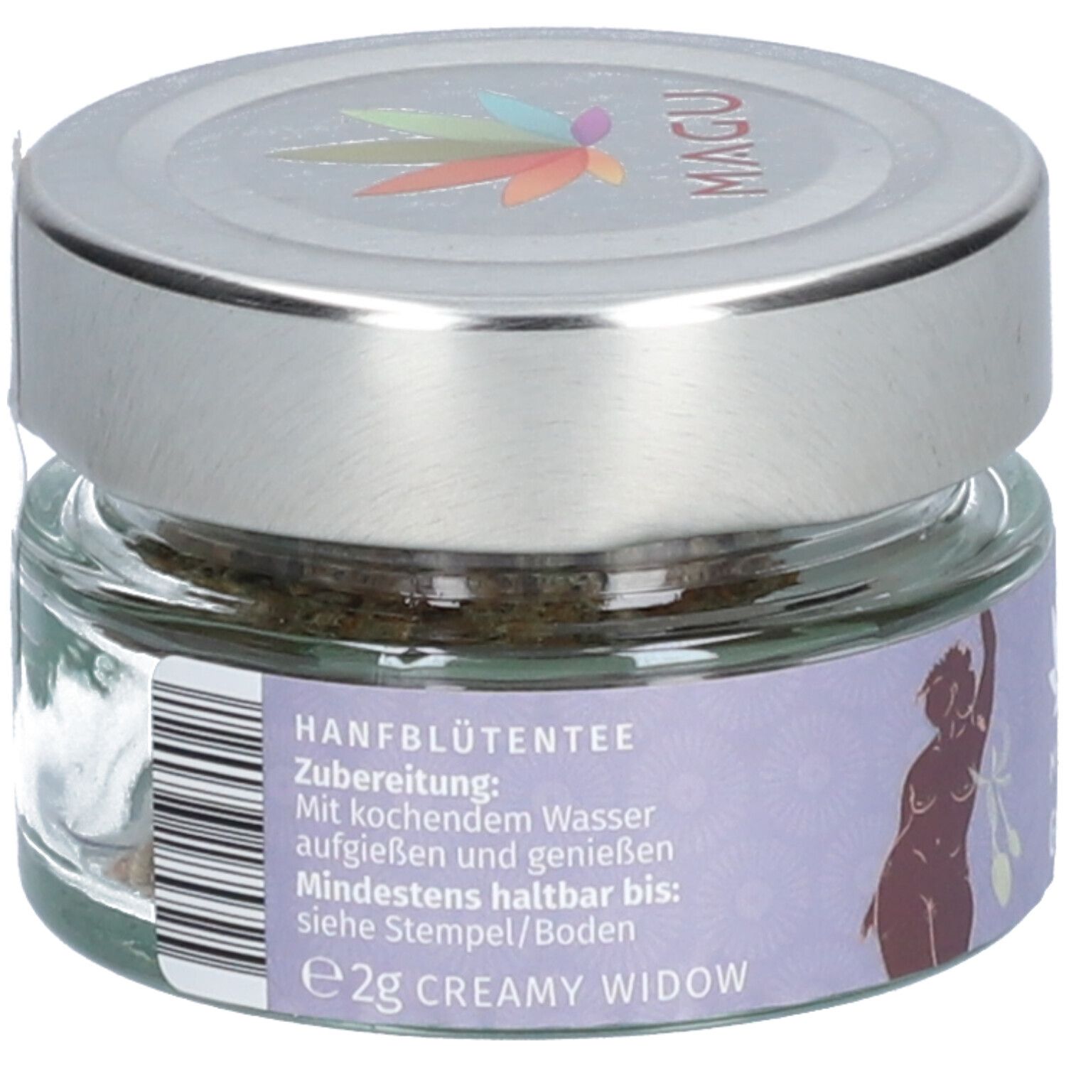 Glasbehälter mit Deckel. Etikett mit Text: Hanfblütentee, Zubereitung, Creamy Widow, e2g. Inhalt sichtbar.