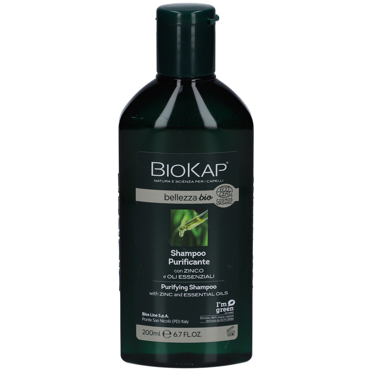 Grüne Flasche mit dunkelgrünem Deckel. Etikett mit Produktnamen und Inhaltsstoffen. BioKap Bellezza Bio Reinigungsshampoo.