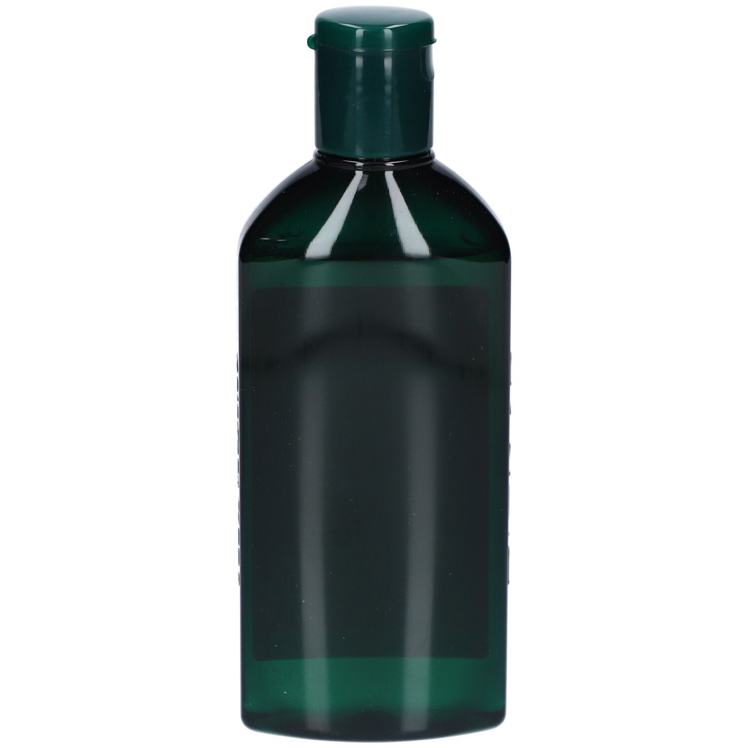 Dunkelgrüne Flasche mit dunkelgrünem Deckel. Rückseite ohne Etikett.