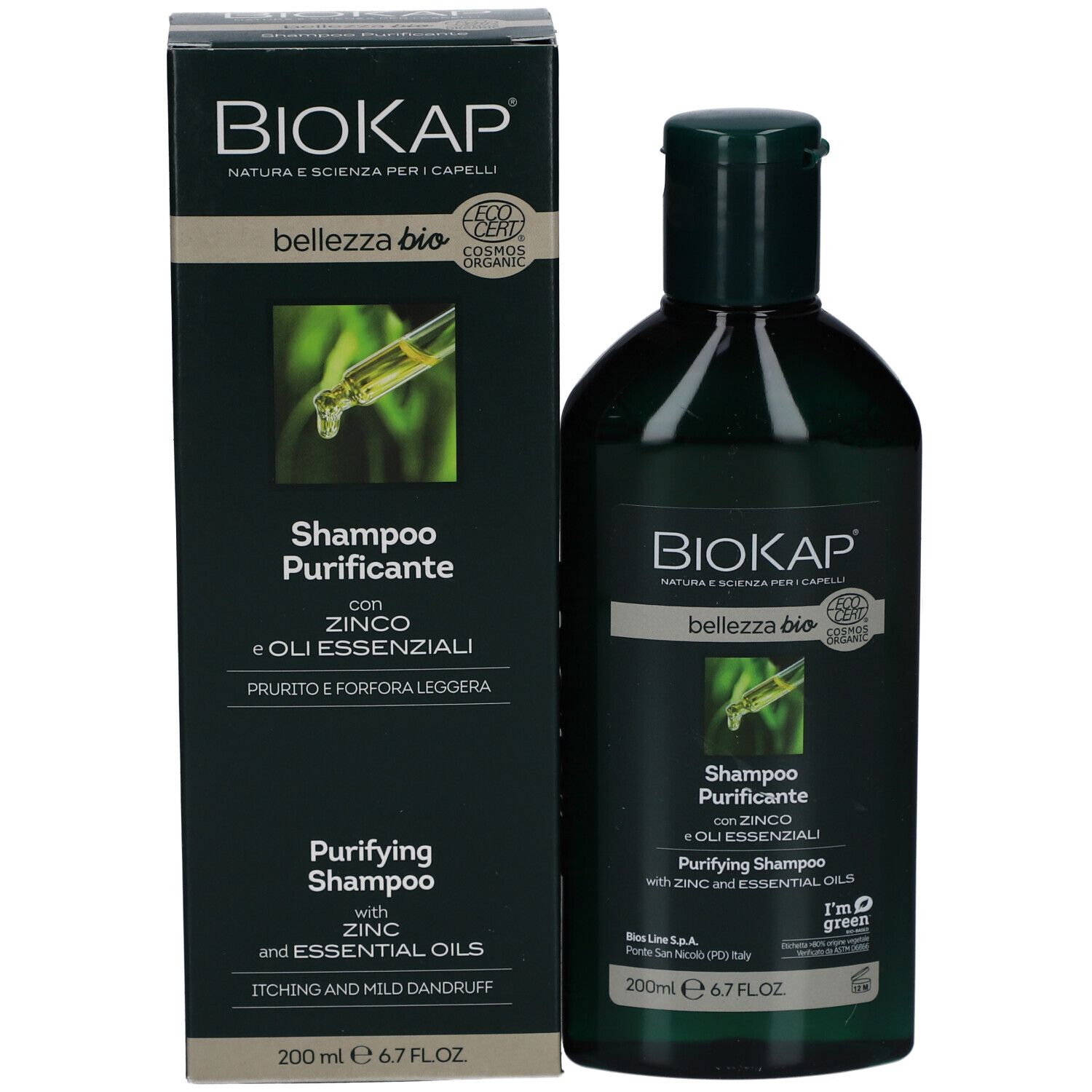 Produktflasche und Verpackung. Flasche: grün, Etikett. Verpackung: schwarz, Produktname, Inhaltsstoffe. BioKap Bellezza Bio Shampoo.