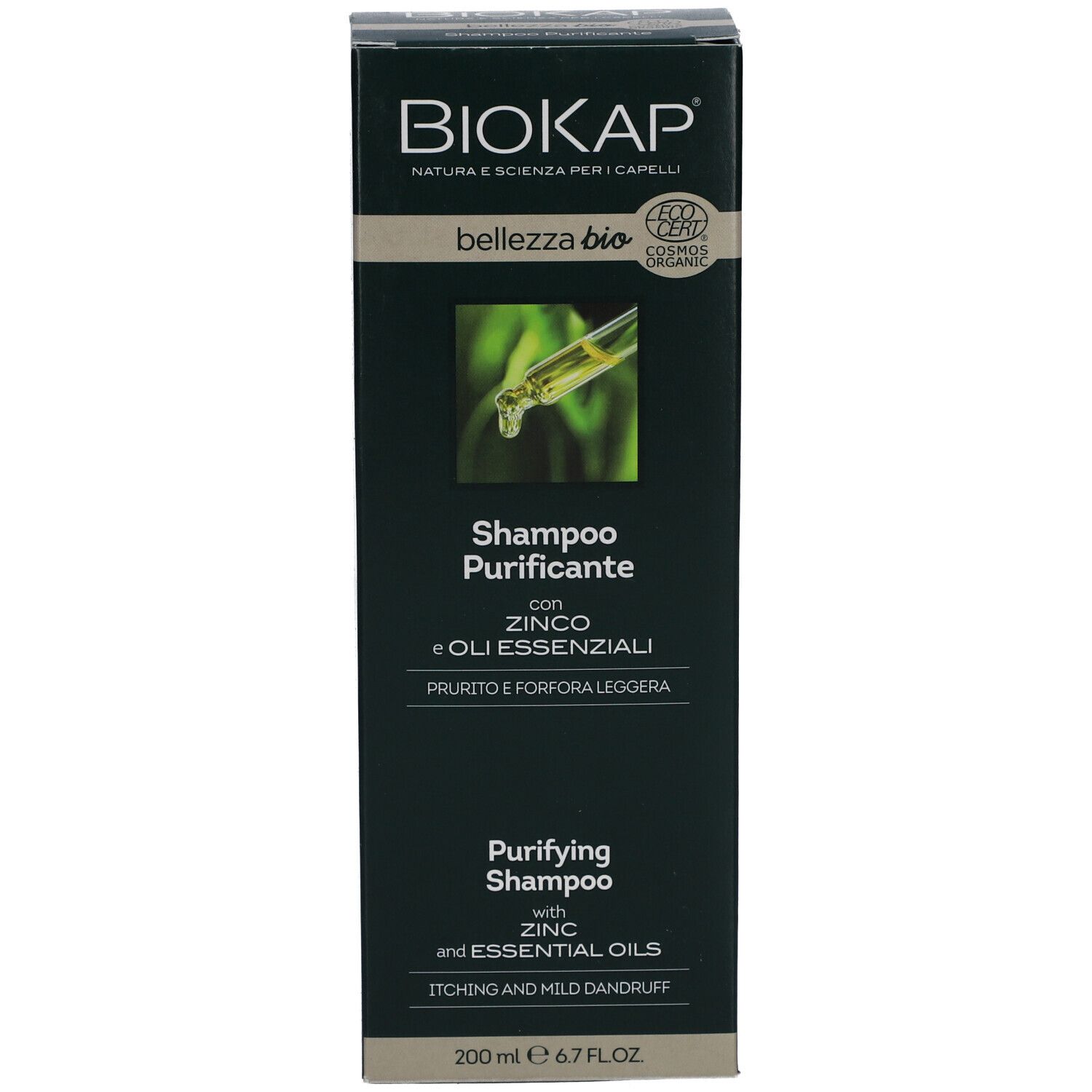 Schwarze Verpackung mit Produktnamen und Inhaltsstoffen. BioKap Bellezza Bio Shampoo.