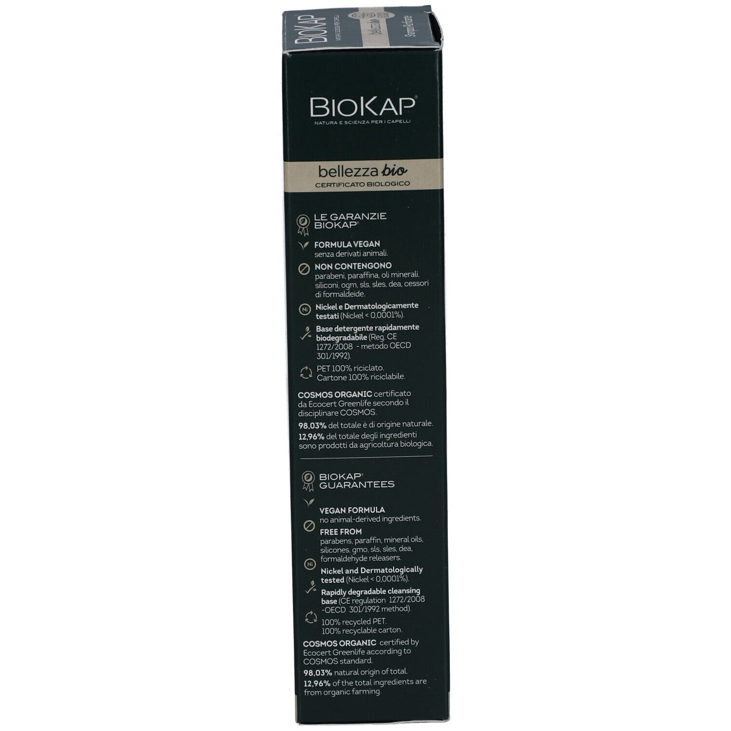 Schwarze Verpackung, Detailansicht. Text mit Produktinformationen und Zertifizierungen. BioKap Bellezza Bio.