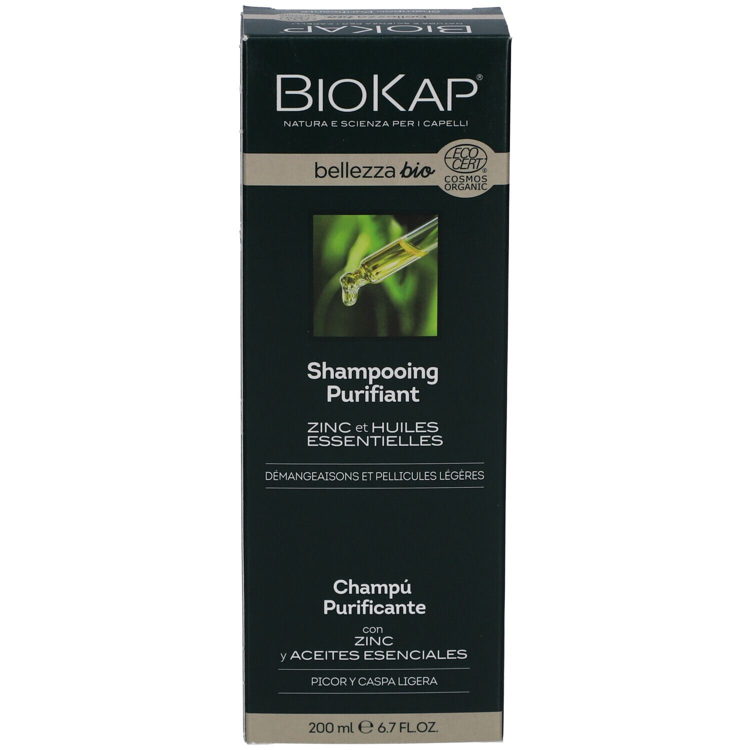 Schwarze Verpackung mit Produktnamen und Inhaltsstoffen. BioKap Bellezza Bio Shampooing Purifiant.