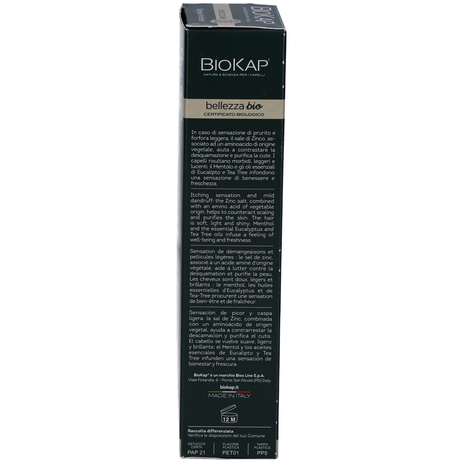 Schwarze Verpackung, Detailansicht. Text mit Produktinformationen. BioKap Bellezza Bio.