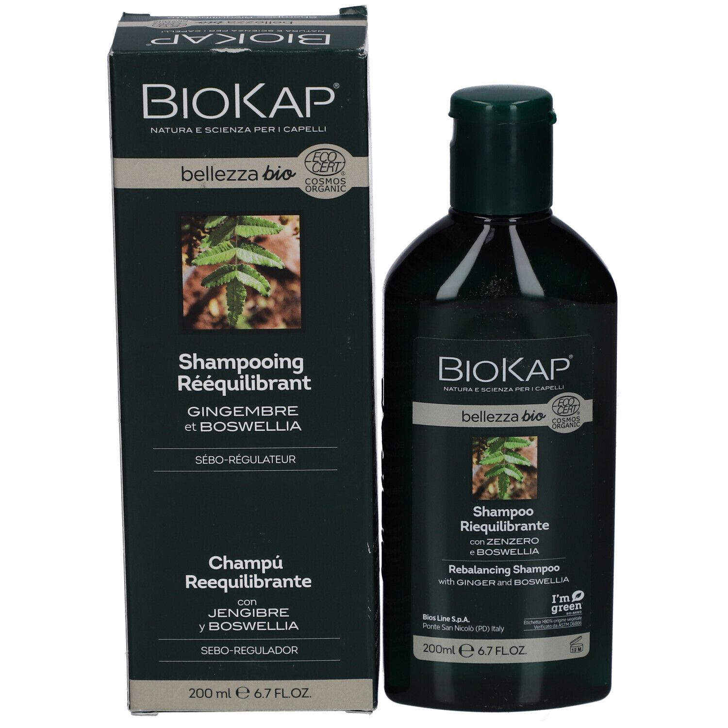 BioKap Shampoo mit Verpackung. Dunkelgrüne Flasche und Schachtel. Aufschrift: Shampoo Rebalancing mit Ingwer und Boswellia.
