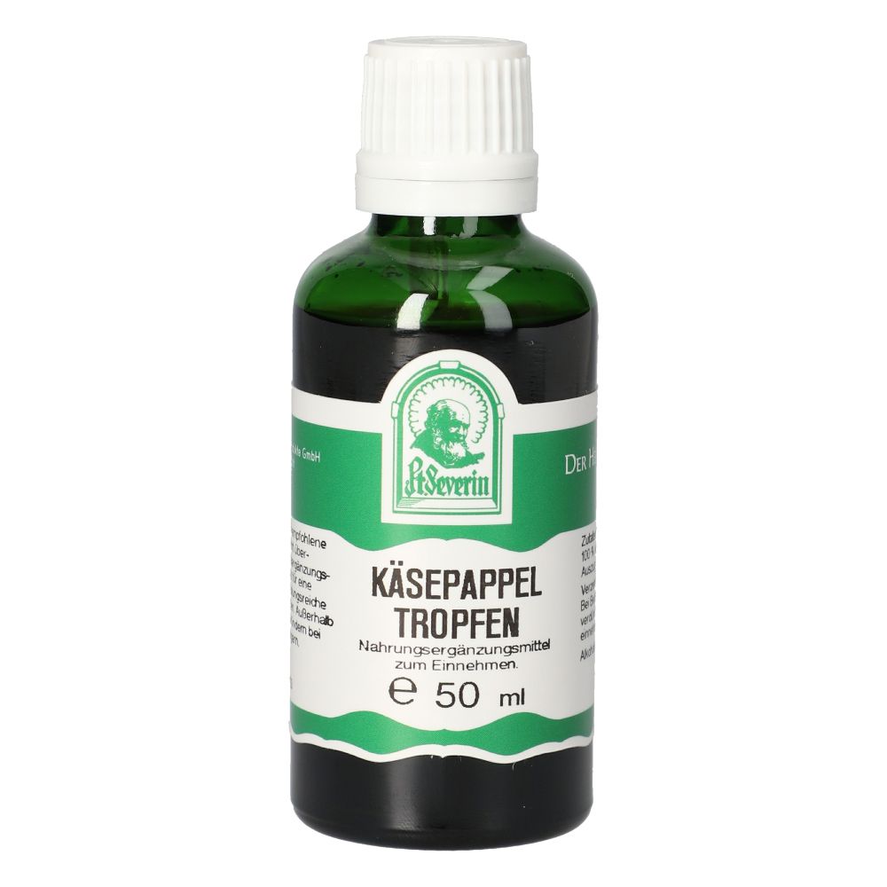 Grüne Glasflasche mit weißem Deckel. Etikett mit Produktname und Logo. Tropfen. 50 ml.