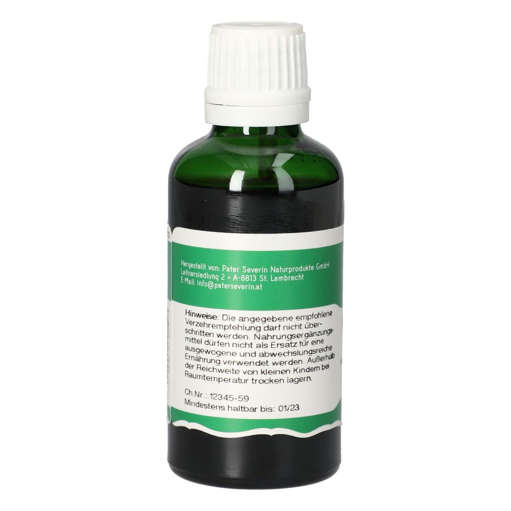 Grüne Glasflasche mit weißem Deckel. Etikett mit Herstellerinformationen und Haltbarkeitsdatum. Tropfen.