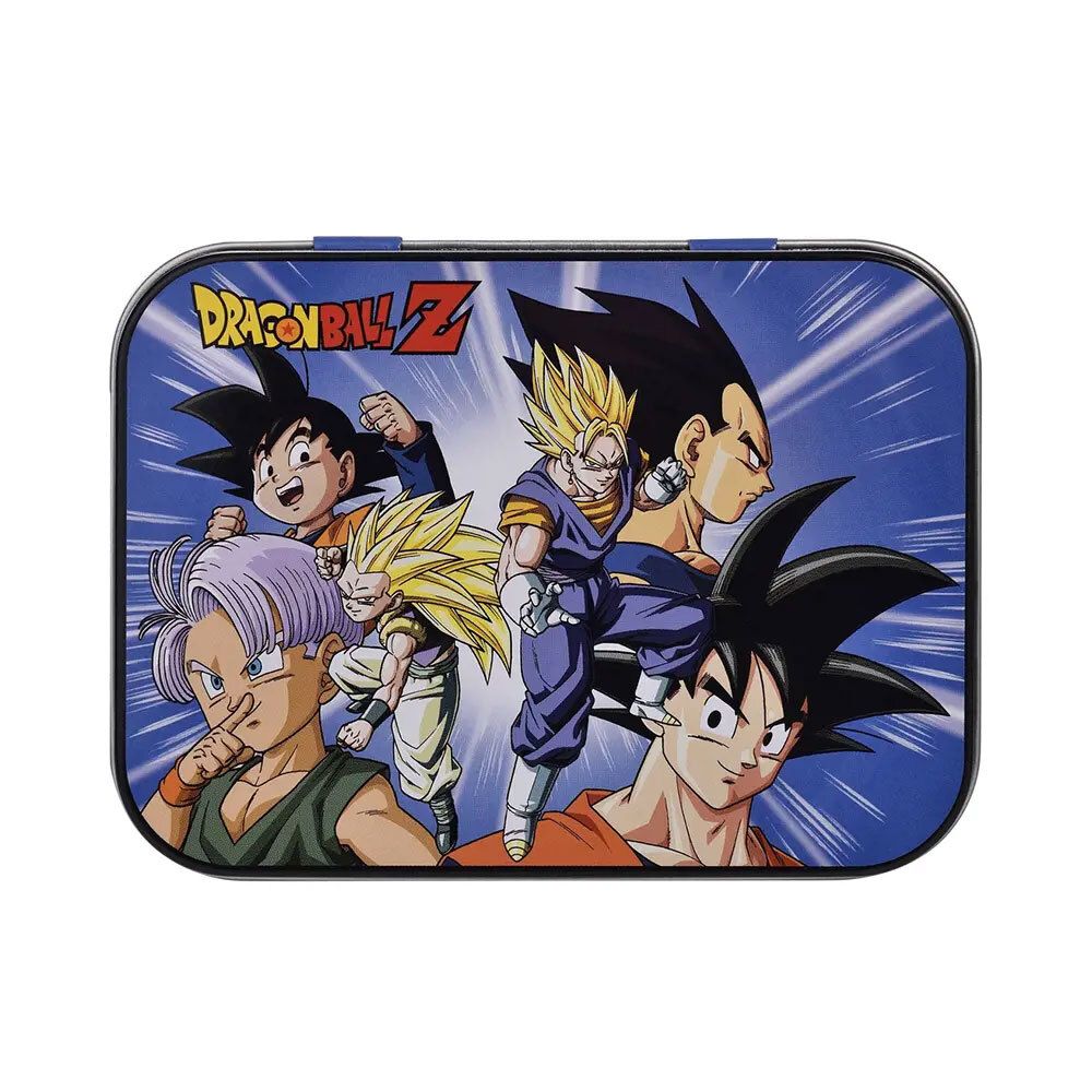 Metallbox mit DRAGONBALL Z-Motiv. Rechteckig, blau, mit Comicfiguren. Deckel mit Logo.