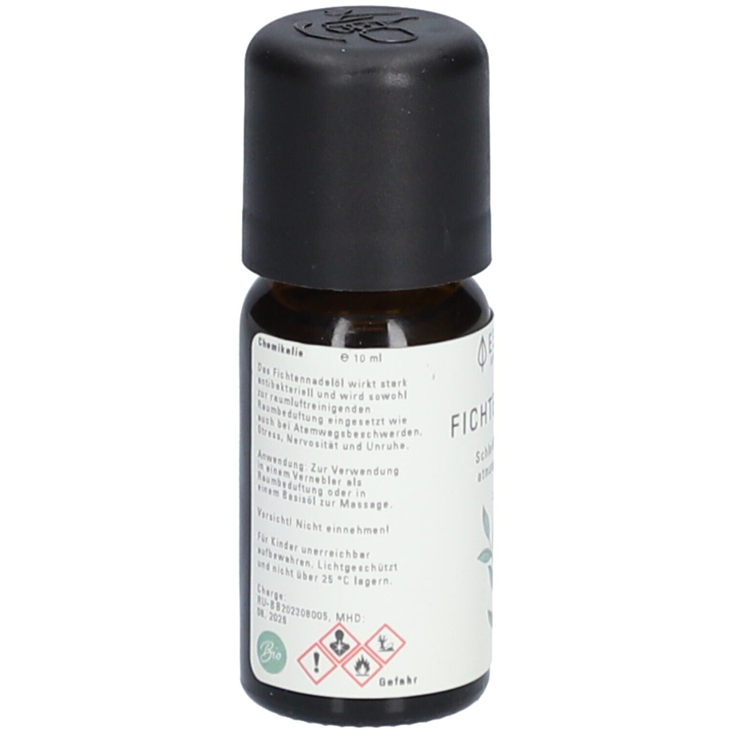Braune Glasflasche mit schwarzem Schraubverschluss, 10 ml. Etikett mit Produktinformationen und Warnsymbolen.