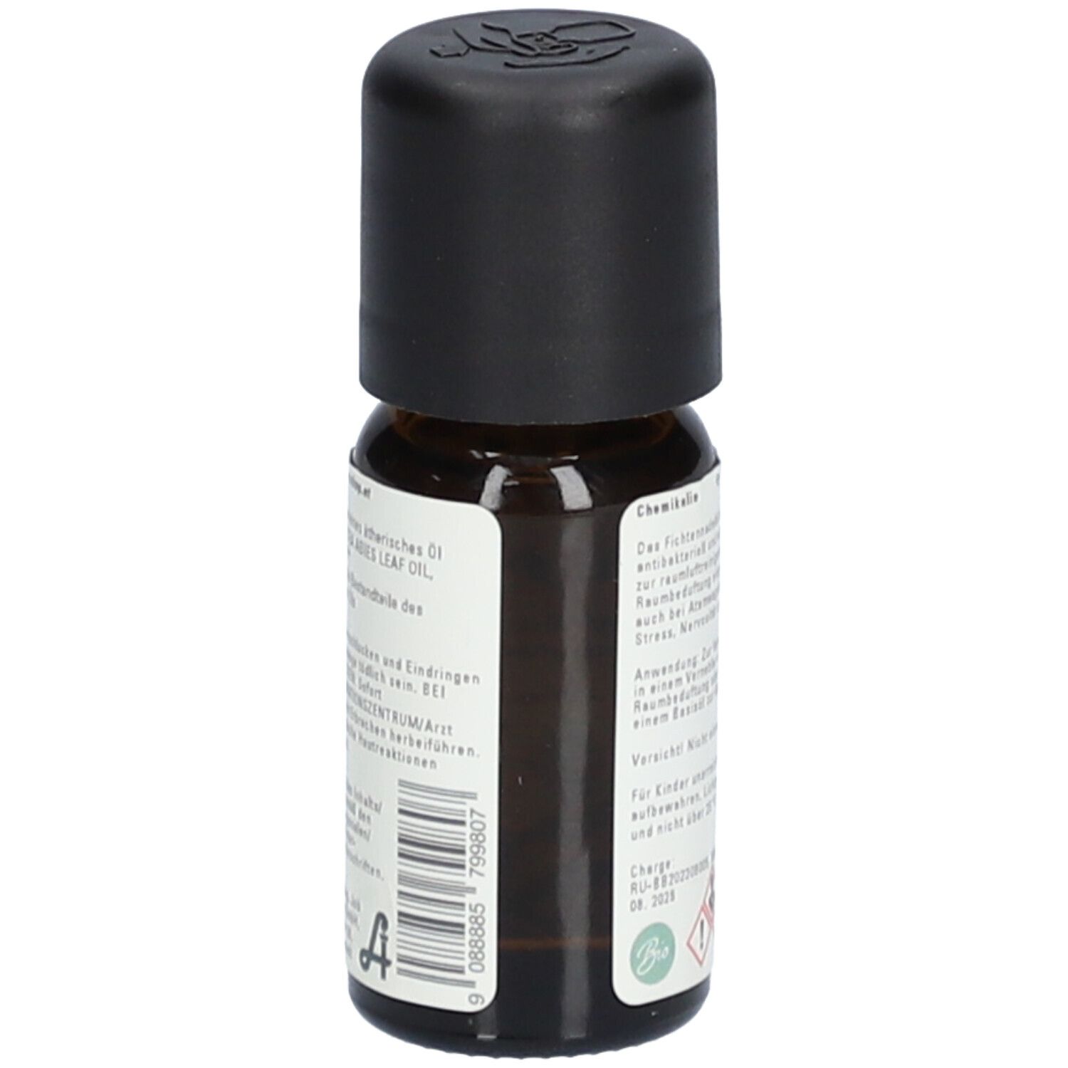 Braune Glasflasche mit schwarzem Schraubverschluss, Etikett mit Text und Barcode.