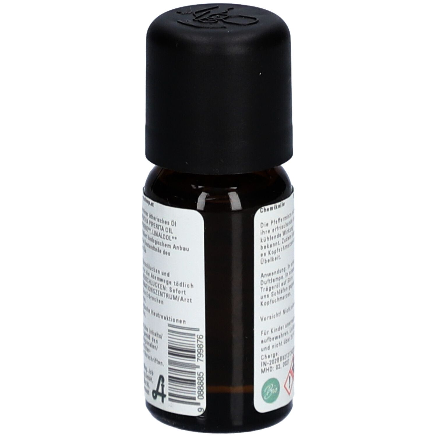 Braune Glasflasche mit schwarzem Deckel. Etikett mit Text und Barcode. Apothekenlogo.