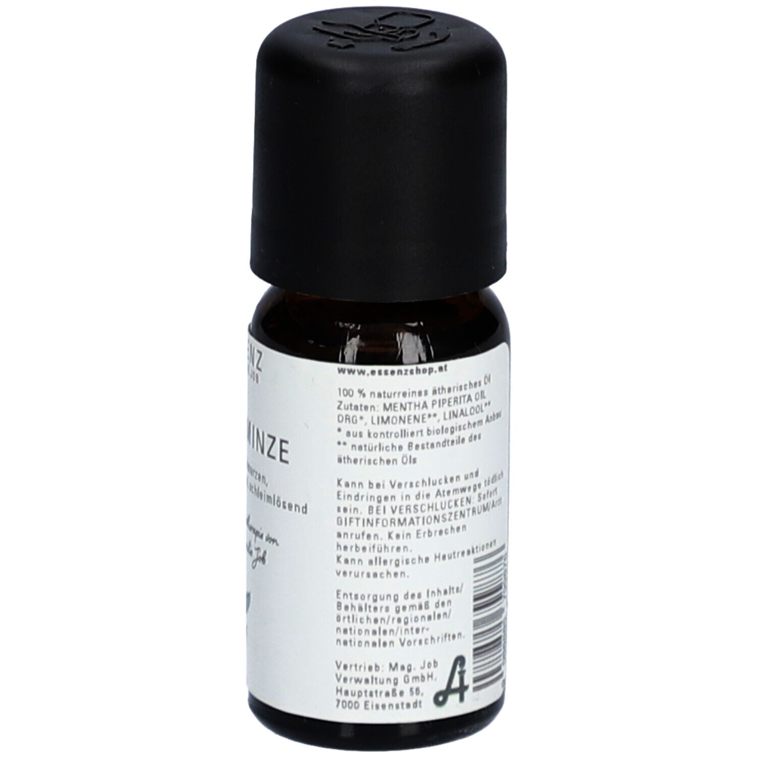 Braune Glasflasche mit schwarzem Deckel. Etikett mit Text. Apothekenlogo. Website-Adresse.