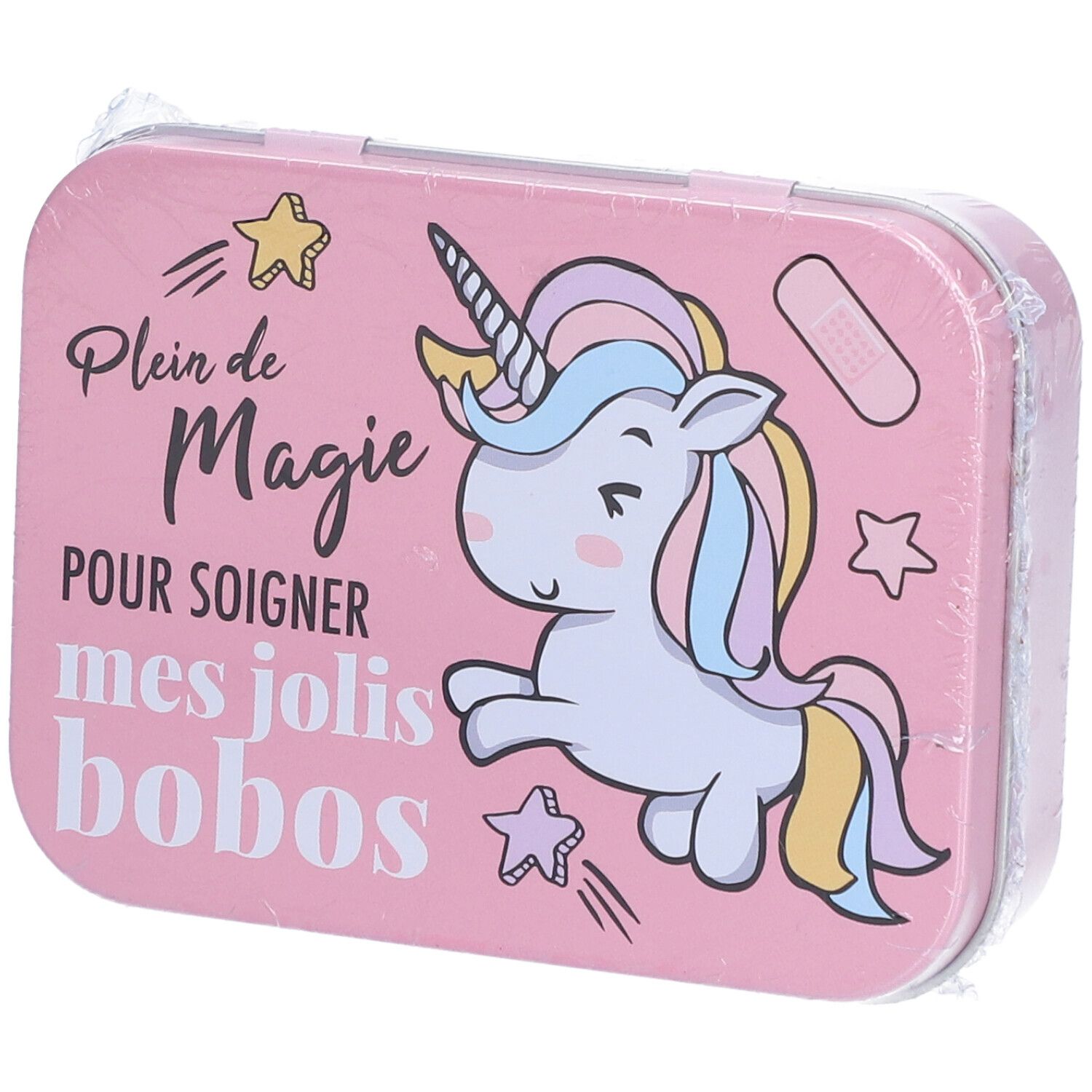 Rosa Metallbox mit Einhorn-Motiv. Aufschrift: "Plein de Magie POUR SOIGNER mes jolis bobos". Rechteckige Form, verpackt.