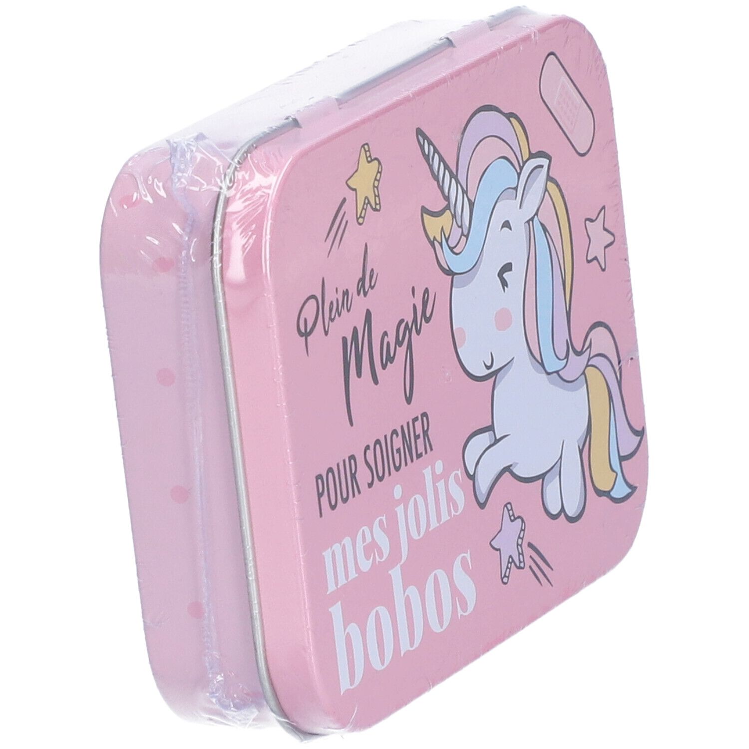 Schrägansicht der rosa Metallbox mit Einhorn-Motiv. Aufschrift: "Plein de Magie POUR SOIGNER mes jolis bobos". Verpackt.