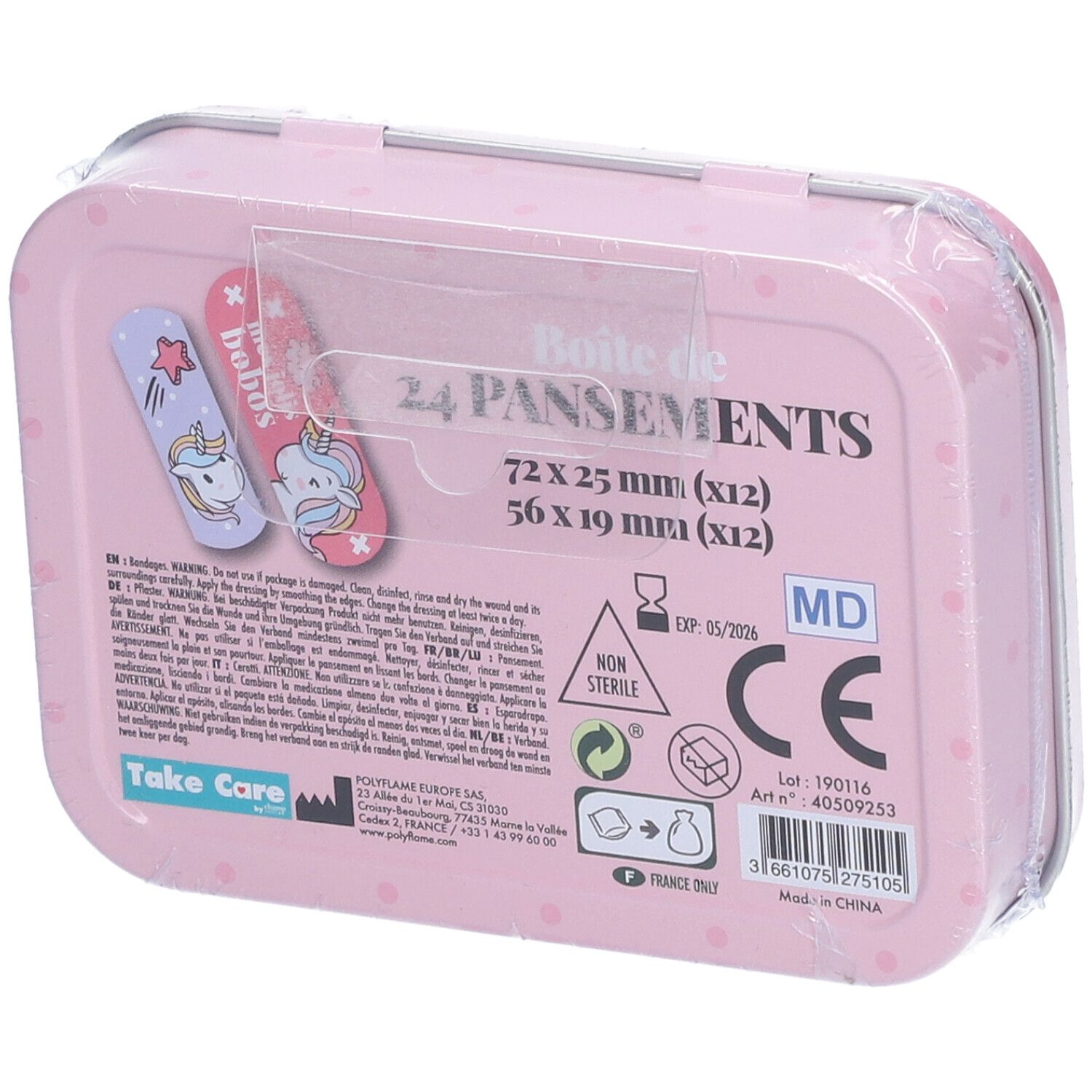 Rückseite der rosa Metallbox. Aufschrift: "24 PANSEMENTS". Größenangaben. Text und Logos. Verpackt.