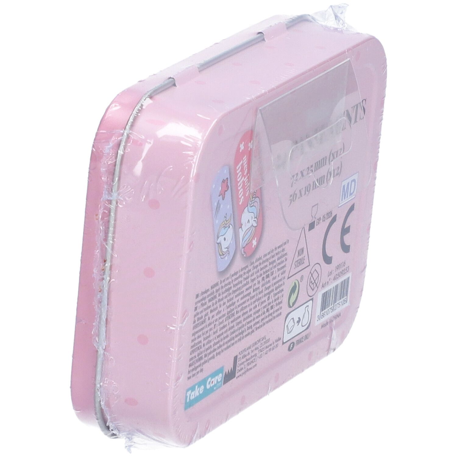 Schrägansicht der Rückseite der rosa Metallbox. Aufschrift: "24 PANSEMENTS". Größenangaben. Text und Logos. Verpackt.