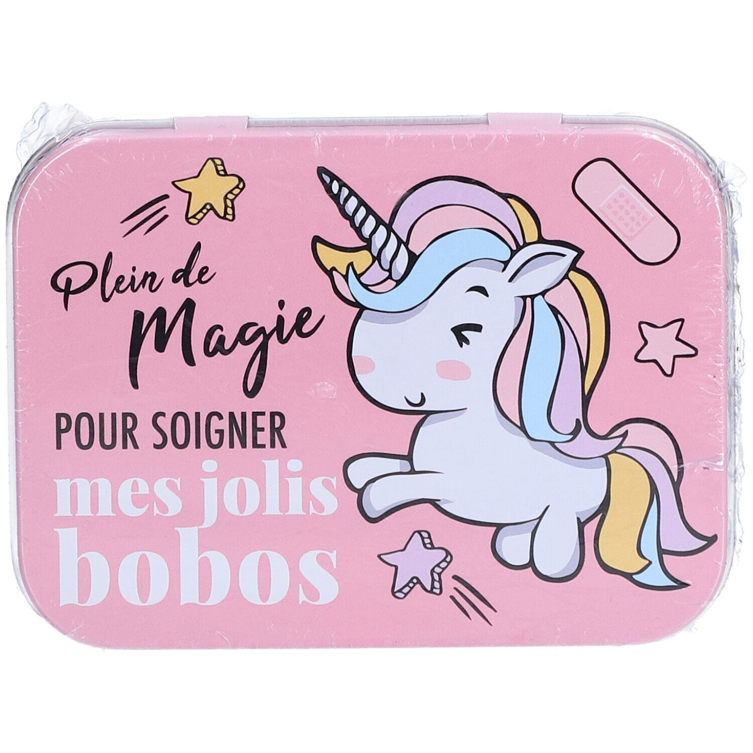 Rosa Metallbox mit Einhorn-Motiv. Aufschrift: "Plein de Magie POUR SOIGNER mes jolis bobos". Rechteckige Form, verpackt.