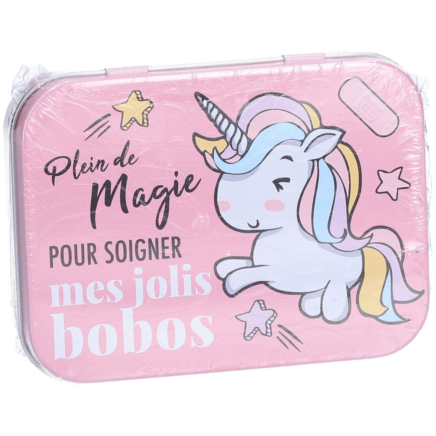 Rosa Metallbox mit Einhorn-Motiv. Aufschrift: "Plein de Magie POUR SOIGNER mes jolis bobos". Rechteckige Form, verpackt.
